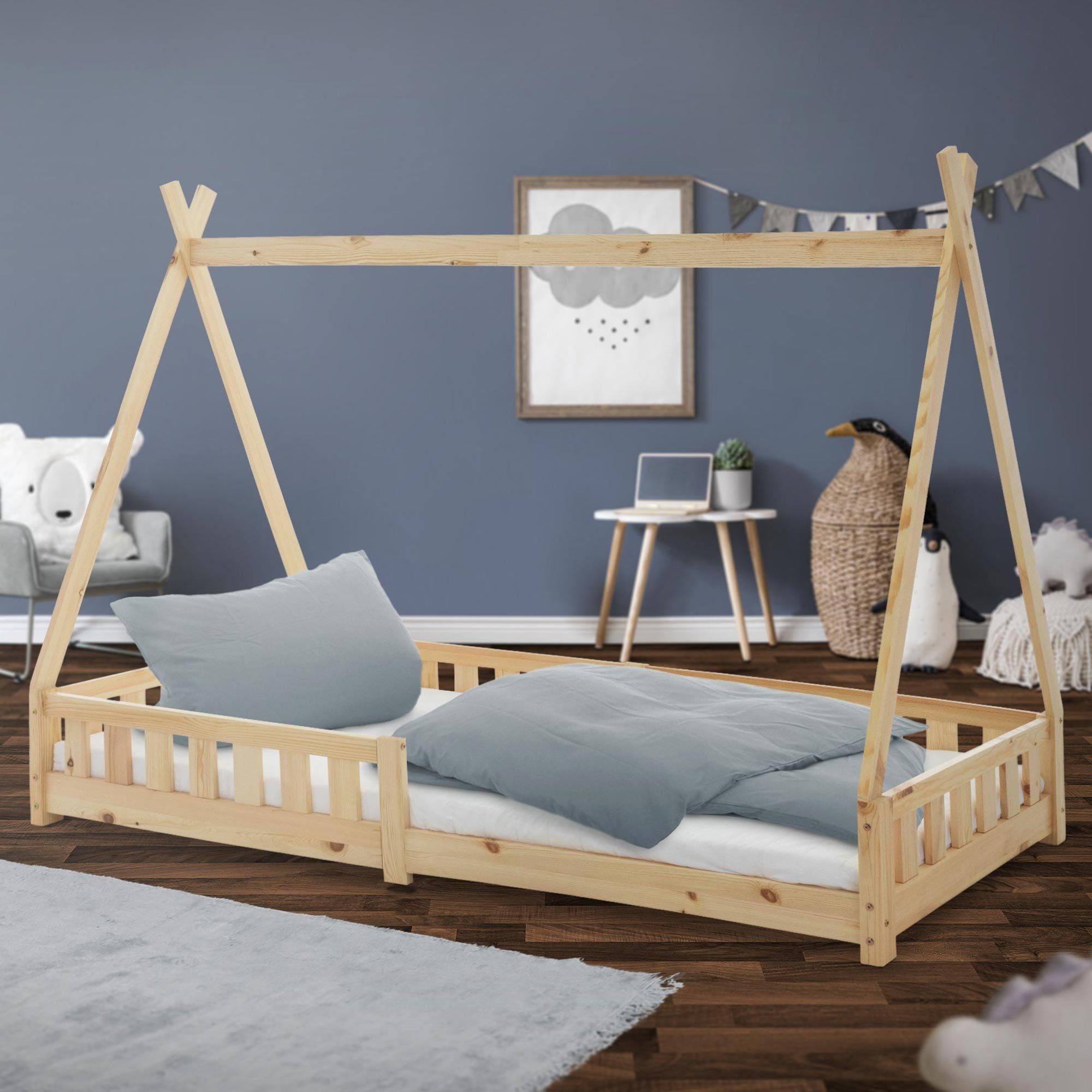 ML-DESIGN Bett Kinderbett mit Rausfallschutz und Lattenrost 90x200 cm Natur  aus Kiefernholz ML-Design