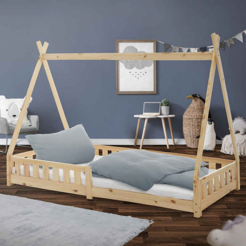 ML-DESIGN Kinderbett Hausbett mit Rausfallschutz und Lattenrost Massivholz, Bett 90x200 Natur aus Kiefernholz Spielbett Zelt mit Zaun