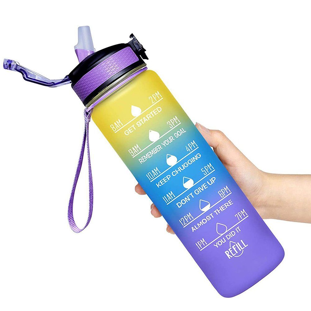 Orbeet Feldflasche Trinkflasche Sport Water Bottle,mit Trinkhalm, Fassungsvermögen 1L Gelb Blau Violett