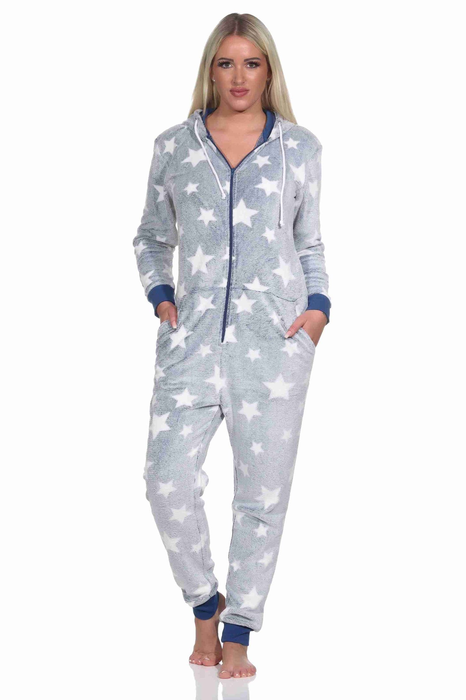 Pyjama Damen Schlafanzug Jumpsuit Overall in Sterneoptik aus Coralfleece