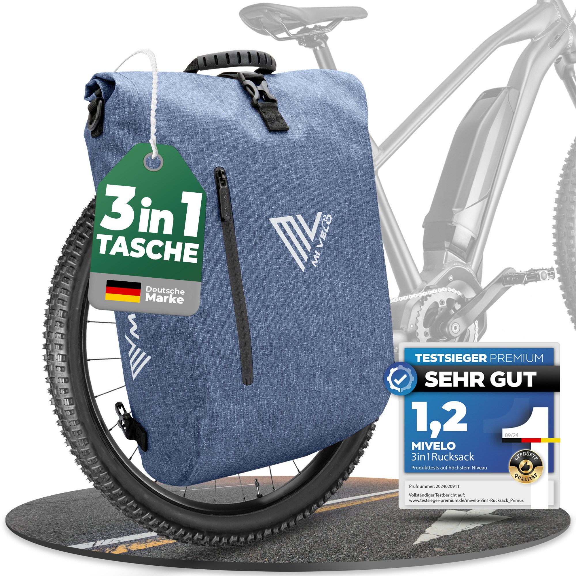 MIVELO Fahrradtasche 3in1 Gepäckträgertasche, Rucksack für Fahrrad Gepäckträger wasserdicht, 20L Volumen