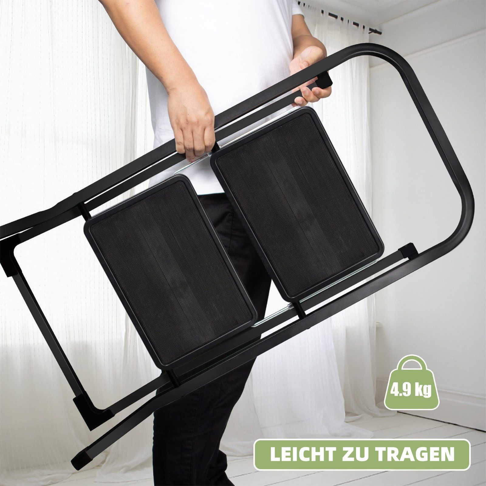 OZAVO Trittleiter 2/3 stufen Klappleiter Mit 30cm extrabreiten rutschfesten Trittstufen (Eisen Stehleiter, Multifunktionsleiter für Zuhause, Küche & Garten), Kl – Bild 5 von 5