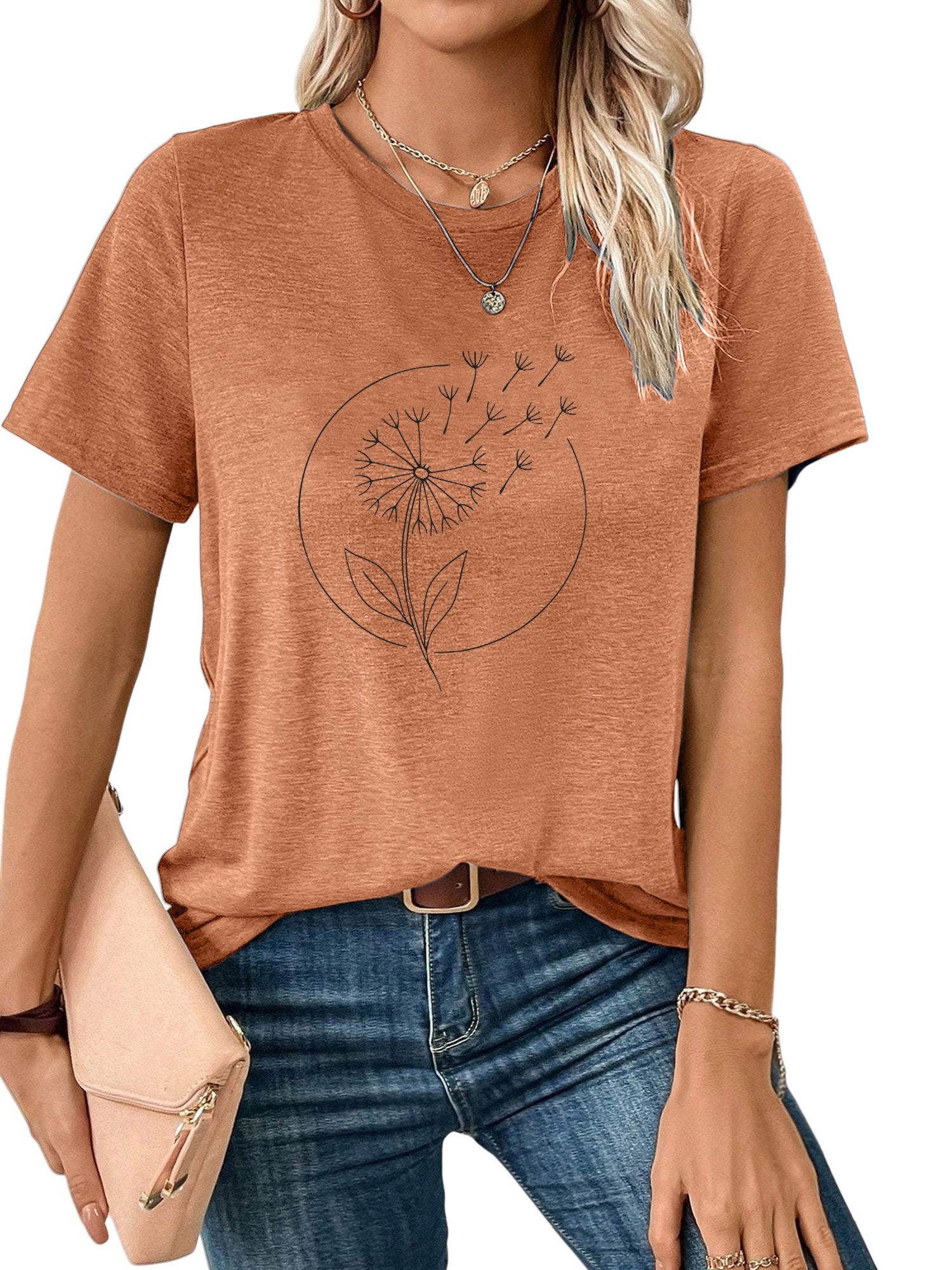 PYLIKE Rundhalsshirt Damen Sommer Casual bequemes t shirt mit Löwenzahn Pri günstig online kaufen
