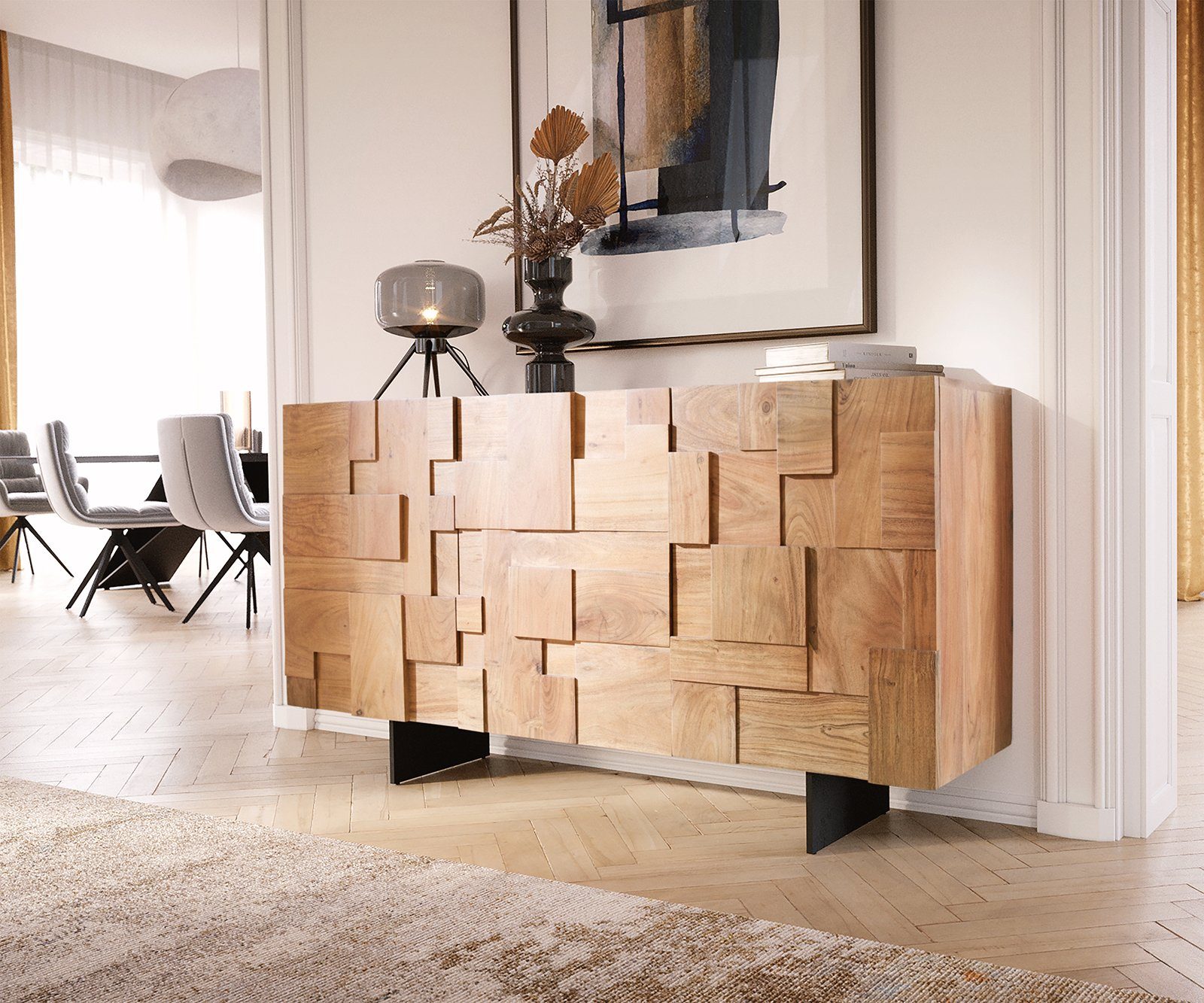 DELIFE Sideboard Puzzle, Akazie Natur 145 günstig online kaufen