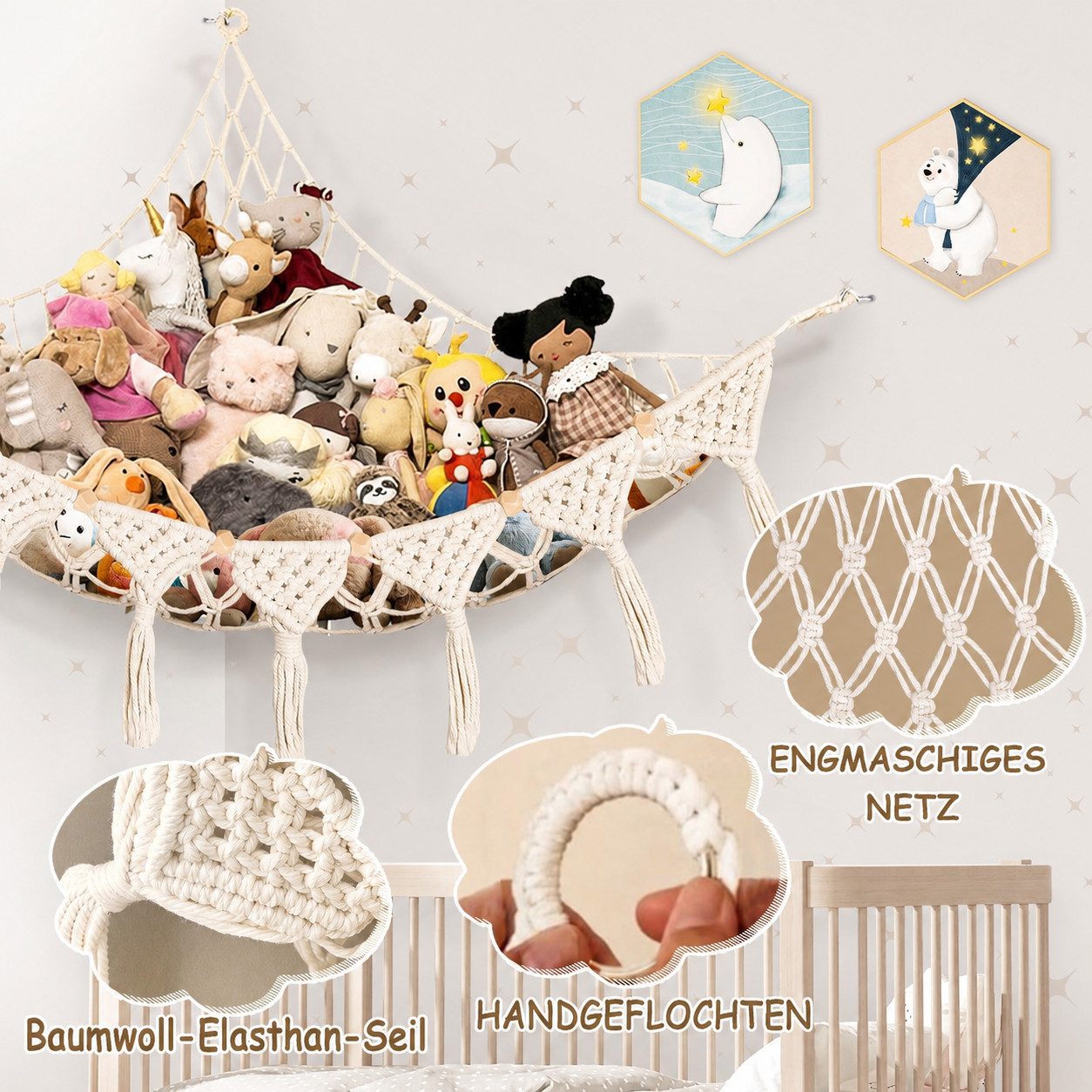 AIMAX Spielzeugtruhe Hängekorb Spielzeug Aufbewahrung Kuscheltier Hängematte Makramee Boho, (1er Set), Stofftier Plüschtier Hängematte für Kuscheltiere Teddy