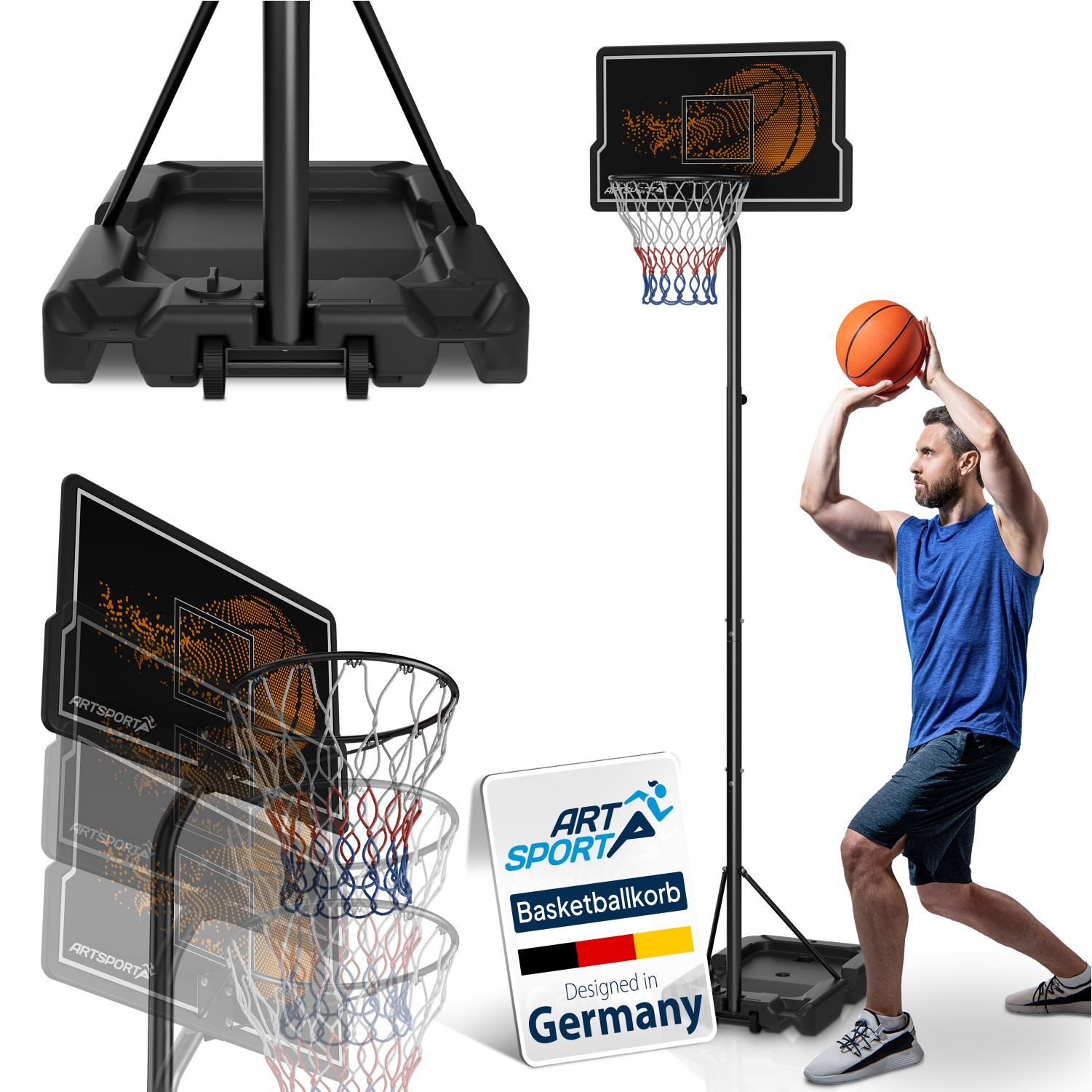 ArtSport Basketballkorb, mit Ständer und Rollen, höhenverstellbar 255 bis 305 cm