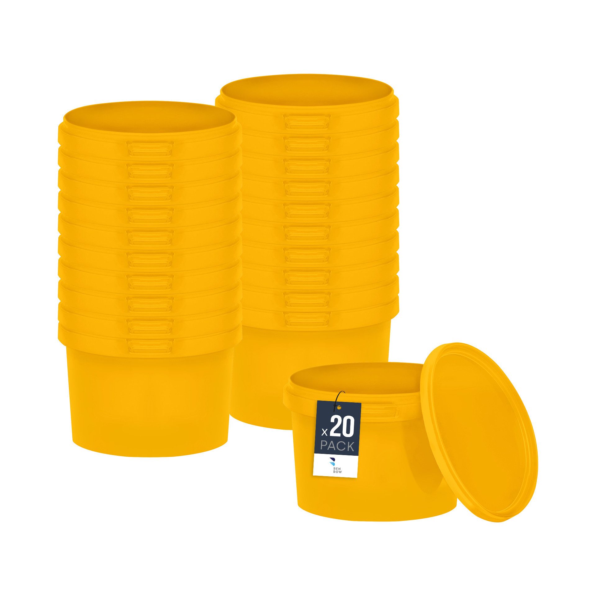 BENBOW Aufbewahrungssystem Eimer mit Deckel 30 20 10 1 0,5 L Gelb Lebensmittelecht Eimer, Polypropylen - Lebensmittelecht, Geschmacksneutral, Auslaufsicher, (20-tlg., PZH-, BRC- und DIN-ISO-zertifiziert), für Lebensmittel, Farben, Chemikalien