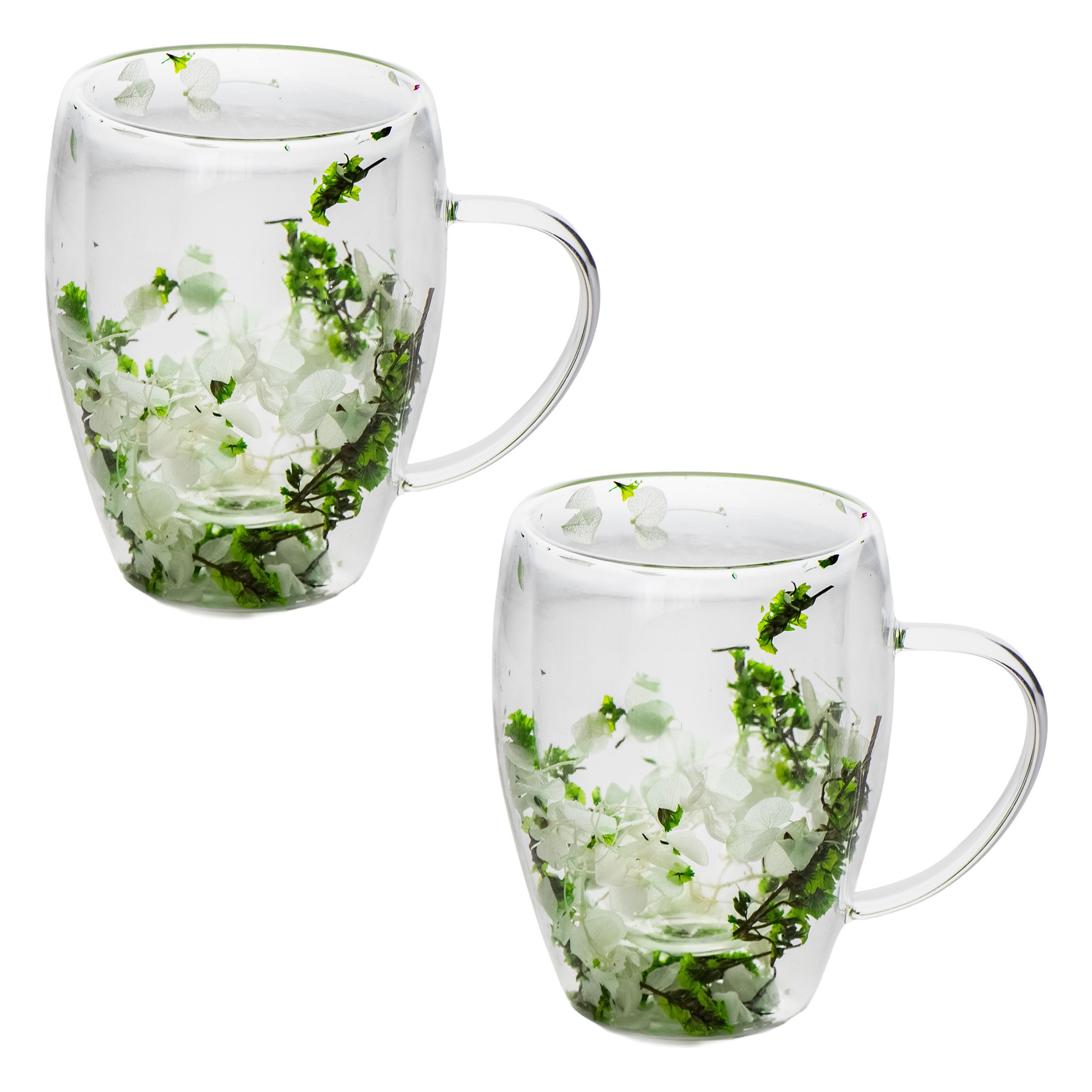 KVOTA Thermotasse Doppelwandiger Glasbecher mit echten Trockenblumen – 300 m Grün