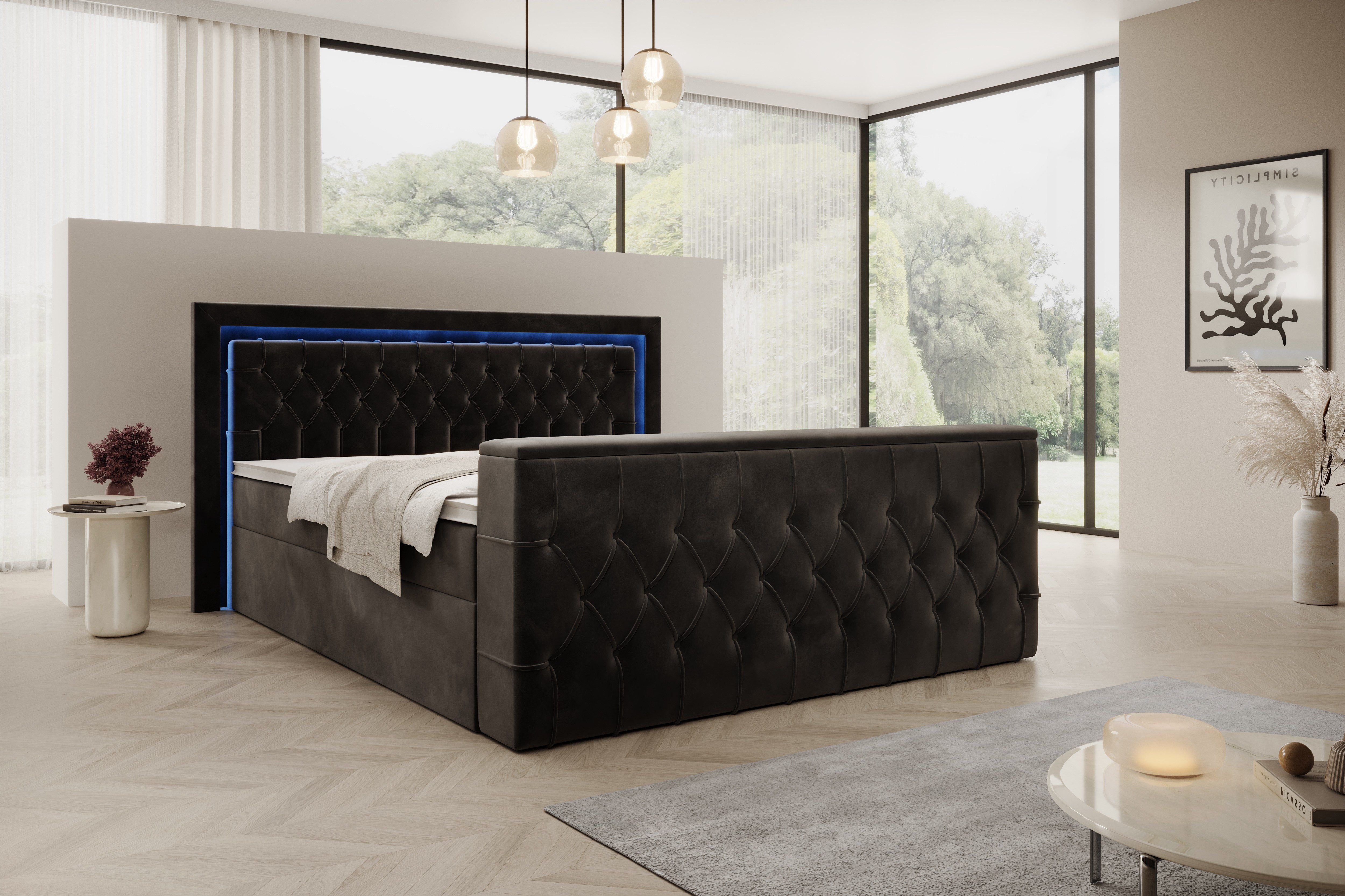 PROMETO Möbel Boxspringbett Doppelbett 180x200cm mit Matratze, Bettkasten TV-Lift LED Beleuchtung