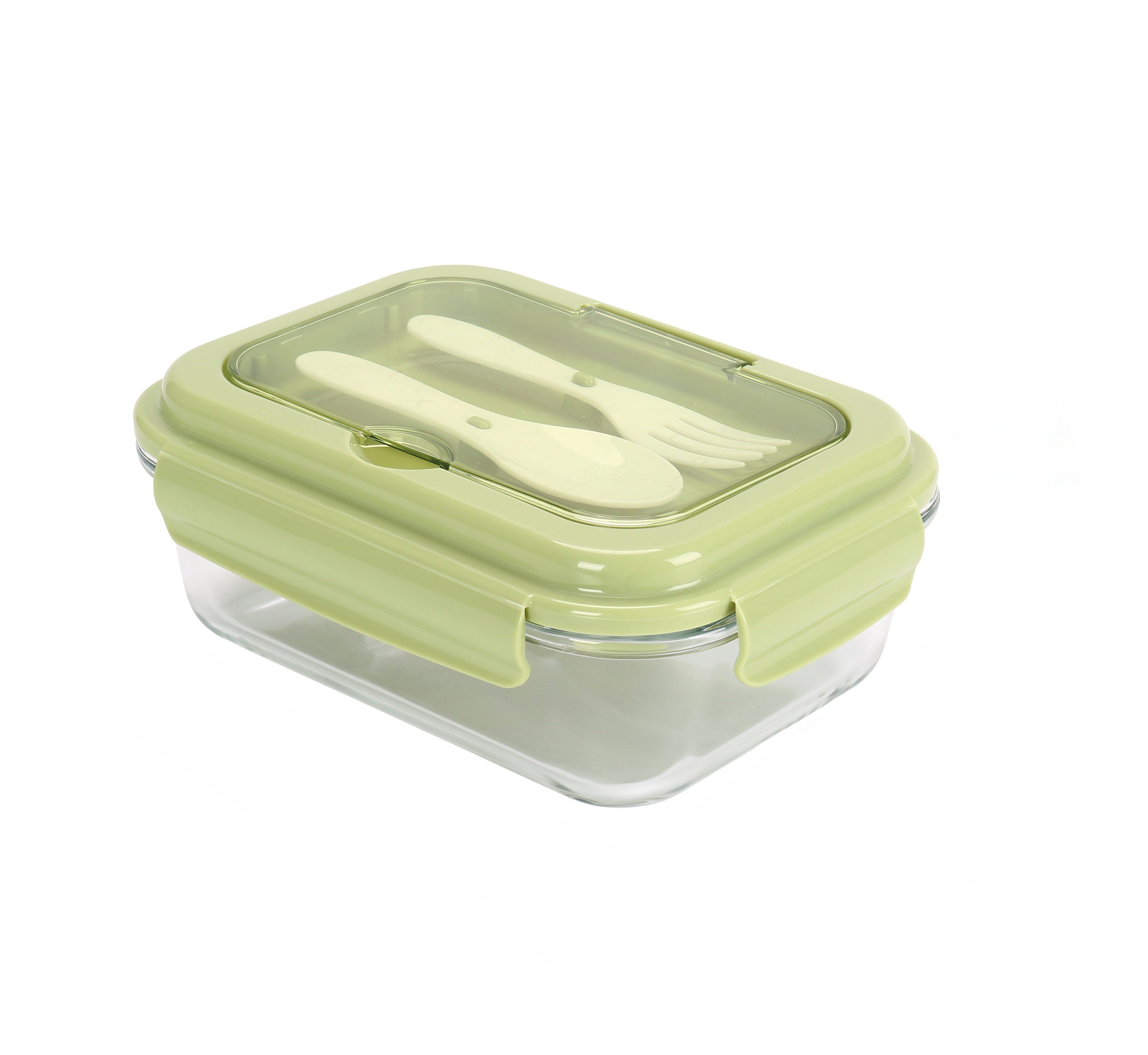 Cheffinger Lunchbox aus Glas mit Besteck - 1L, Brotdose für Schule & Büro, Glas, Kunststoff, (1-tlg), mit Löffel & Gabel, 1 L