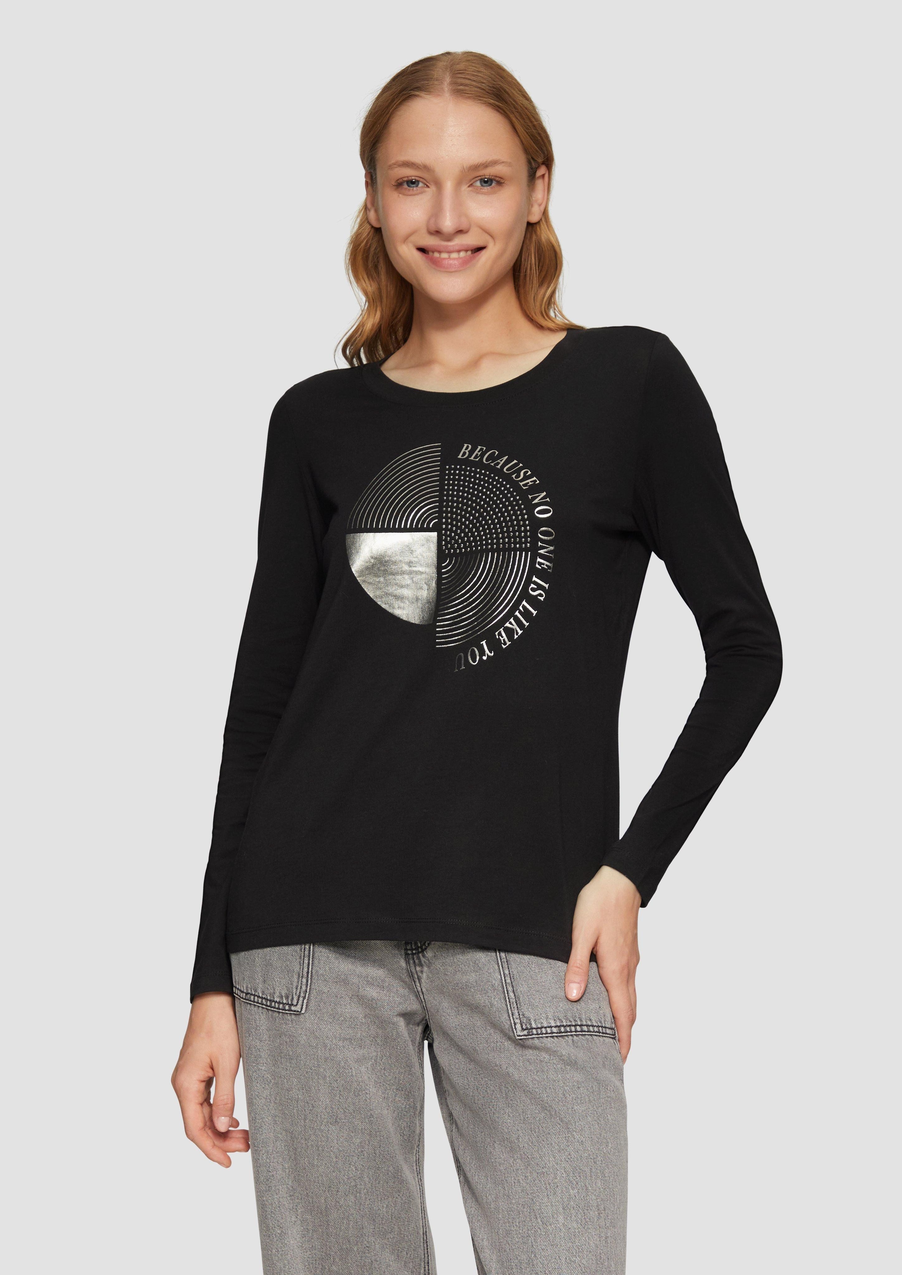 Langarmshirt Longsleeve mit Metallic-Print und Schmucksteinen