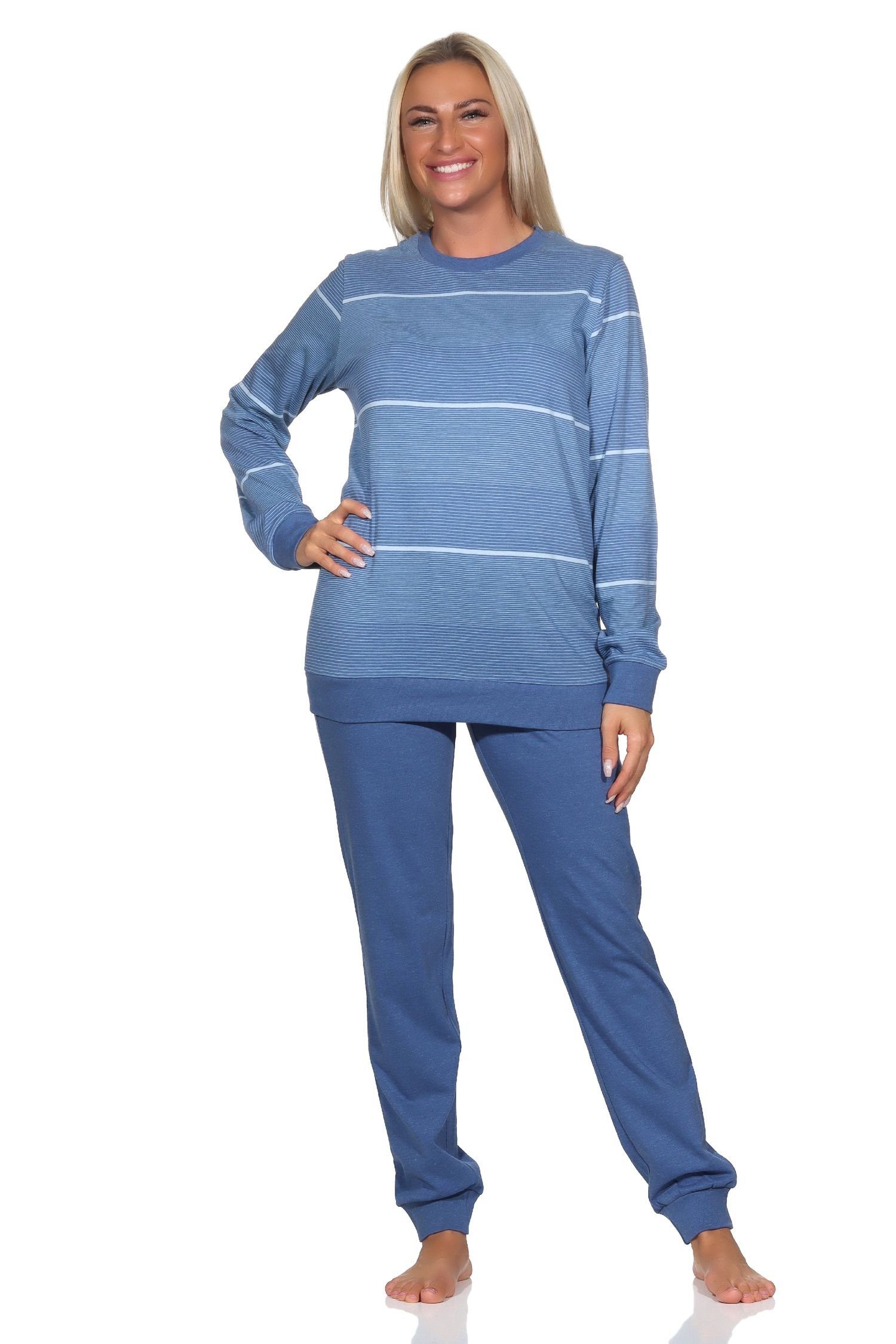 - blau Übergrössen Schlafanzug Damen in Pyjama langarm auch mit Bündchen Normann Normann