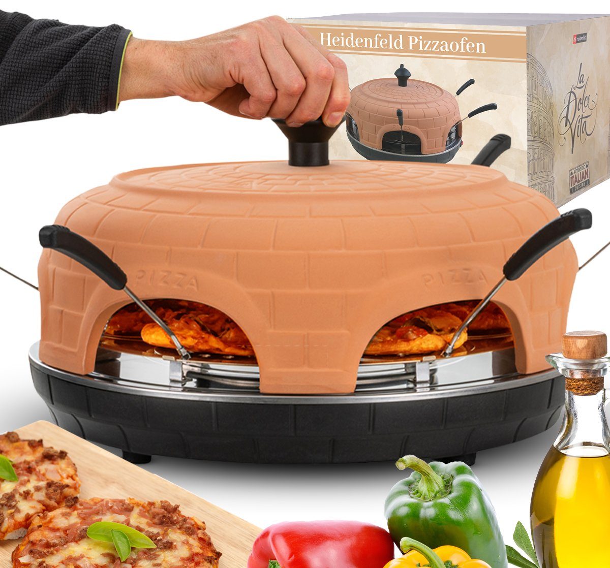 Heidenfeld Pizzaofen Mini Pizzaofen Pizzachef für 6 Personen inkl. Pizzaschieber Raclette, 1100 W Pizzamaker - Dual-M-Heizstab - Abdeckung Terracotta Pizza Ofen