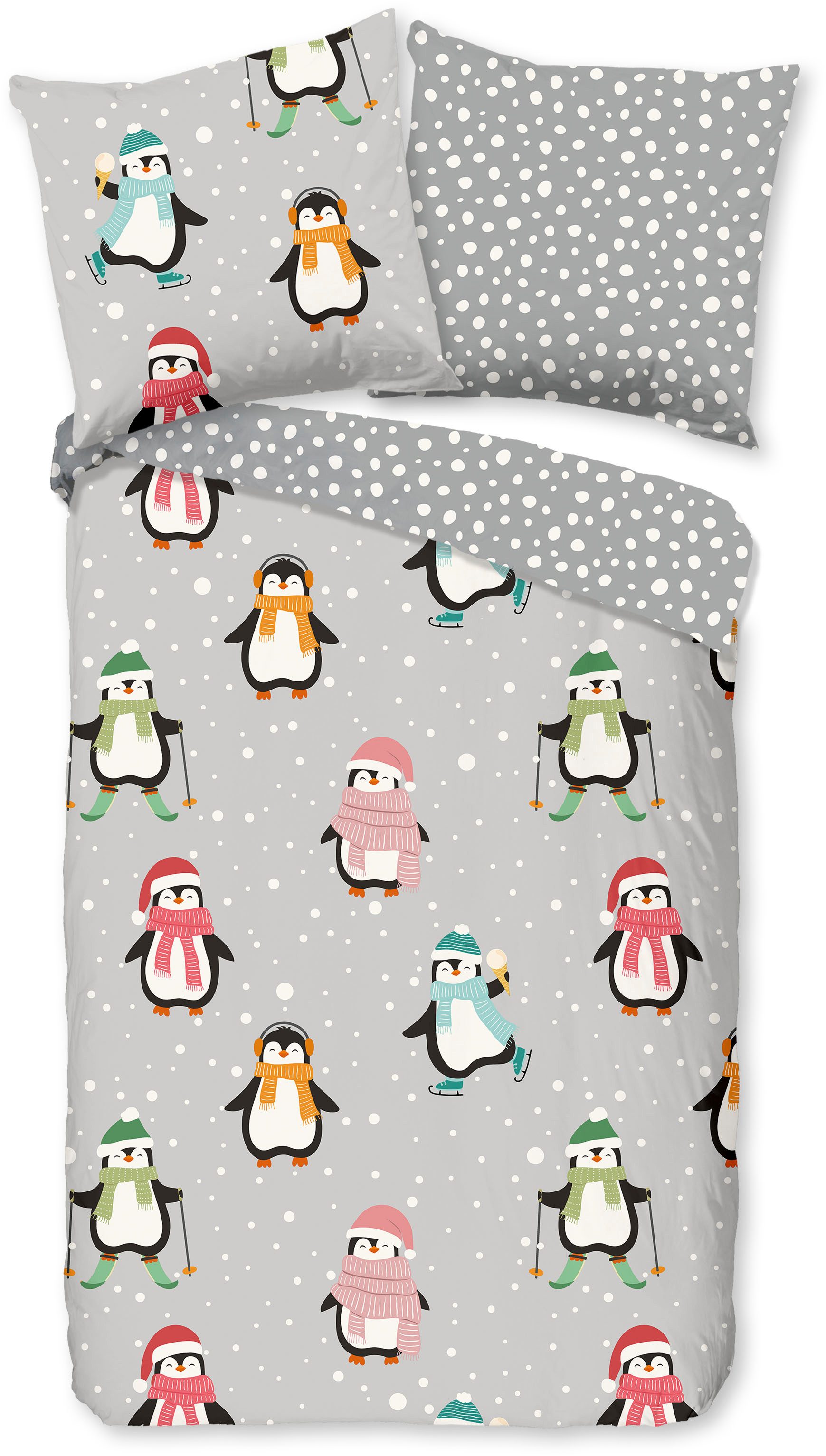 good morning Kinderbettwäsche Liammu, Biber, Flanell, 2 teilig, Flanell Biber, 135x200, Warm, Reißverschluss, Wende, Kind, Pinguin – Bild 2 von 5