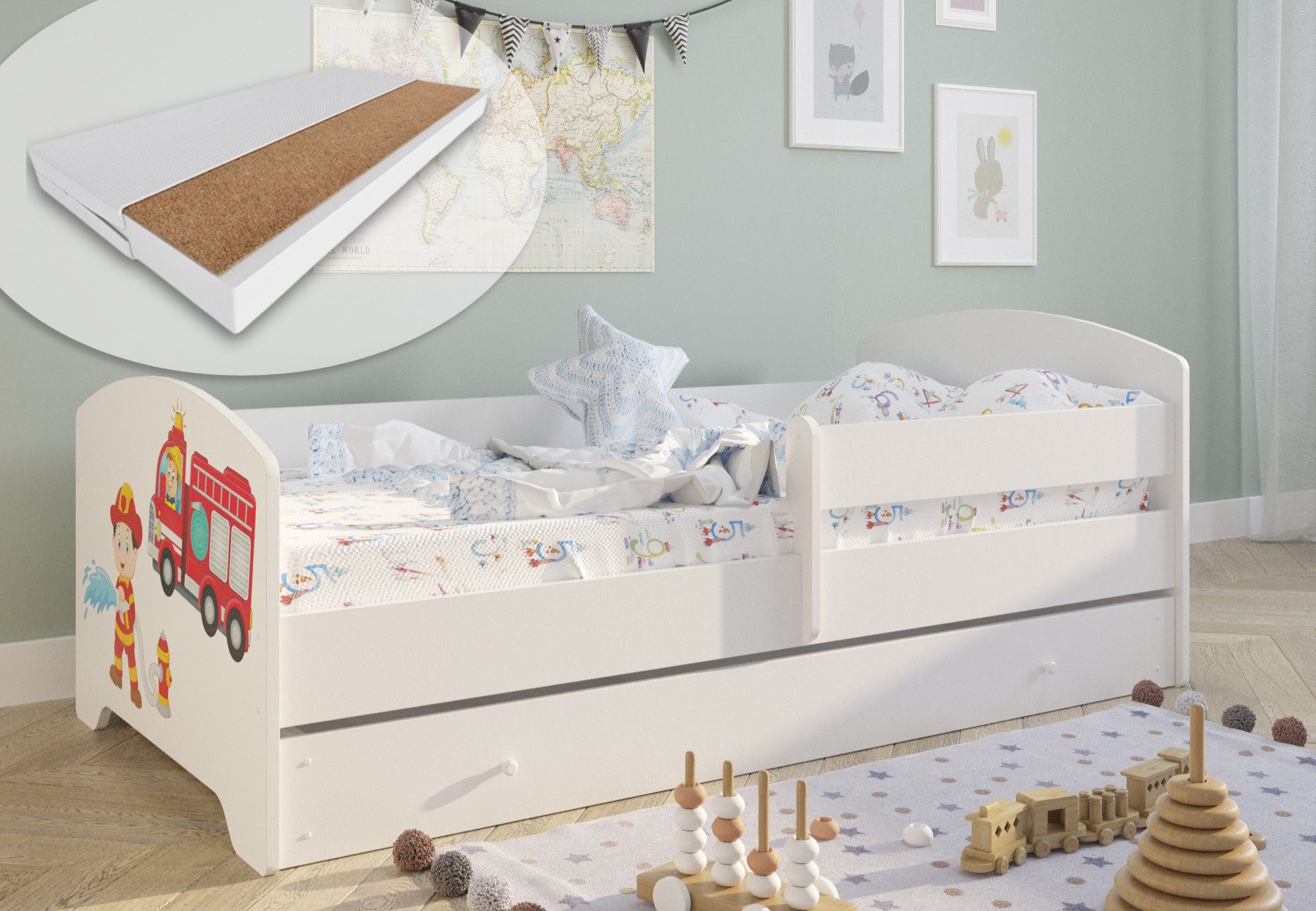 Kids Collective Kinderbett 70x140 / 80x160 cm Komplettset mit Matratze & Schublade (Bett für Jungen und Mädchen, Einzelbett für Kinder von 2 - 10 Jahren), komplettes Set mit Motiv für Jungen und Mädchen 80x160 cm