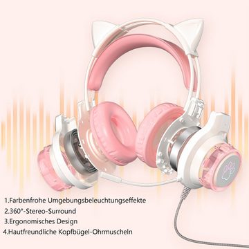 Diida Gaming-Headsets,Kopfhörer mit Geräuschunterdrückung für Katzenohren Gaming-Headset (Katzenohren, Stereo, Abnehmbare Katzenohren, Klappbar)