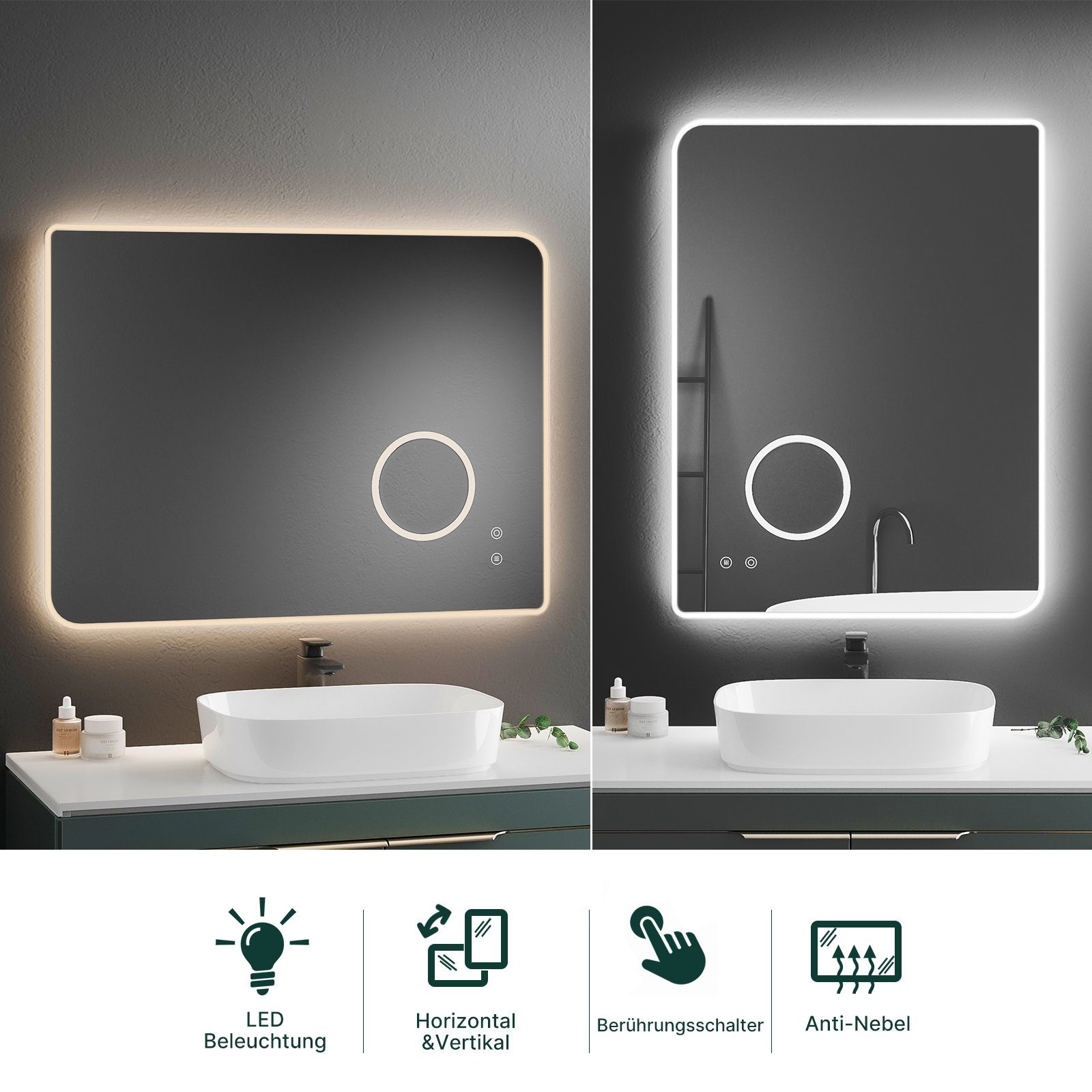 Meerveil Badspiegel Schalter, mit Beleuchtung, Badezimmerspiegel, Antibeschlage, Touch LED 80x60 cm