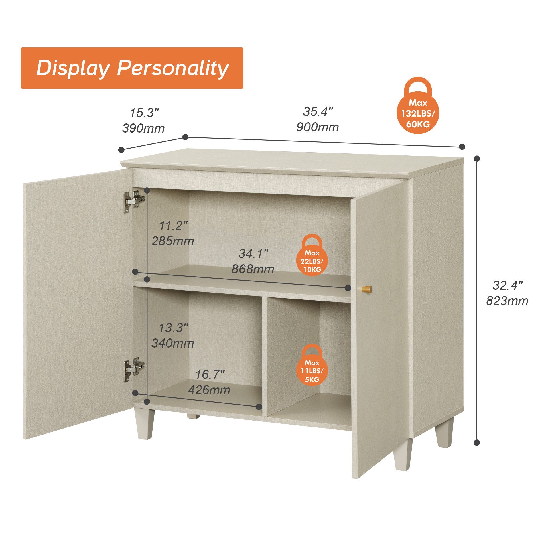 WAMPAT Sideboard 90 cm breiter, 82 cm hoher Schrank mit 3 Fächern, Buffetschrank für Wohnzimmer, Flur, Esszimmer, Schlafzimmer