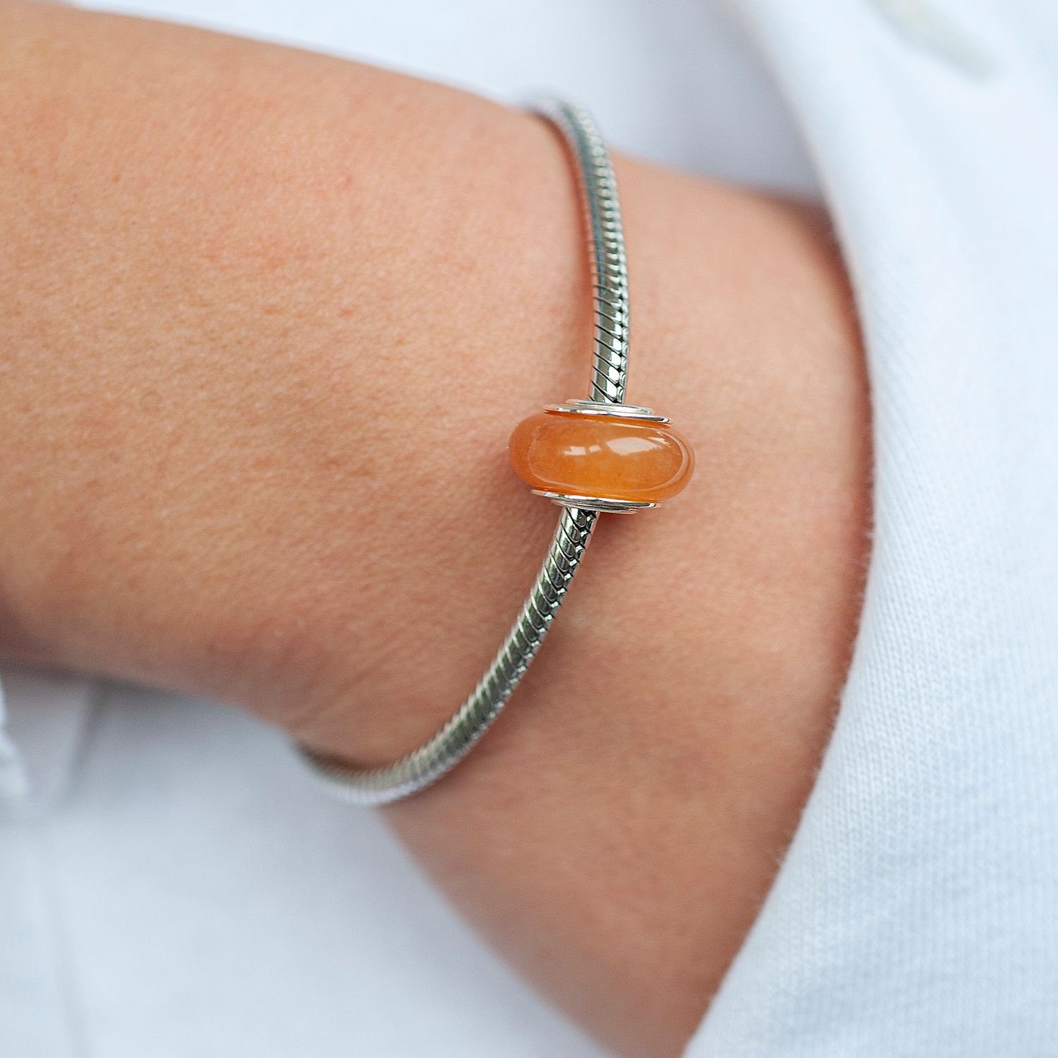 Materia Bead Naturstein Perle Aventurin Orange Edelstein Charm 229, Hülse aus 925 Sterling Silber