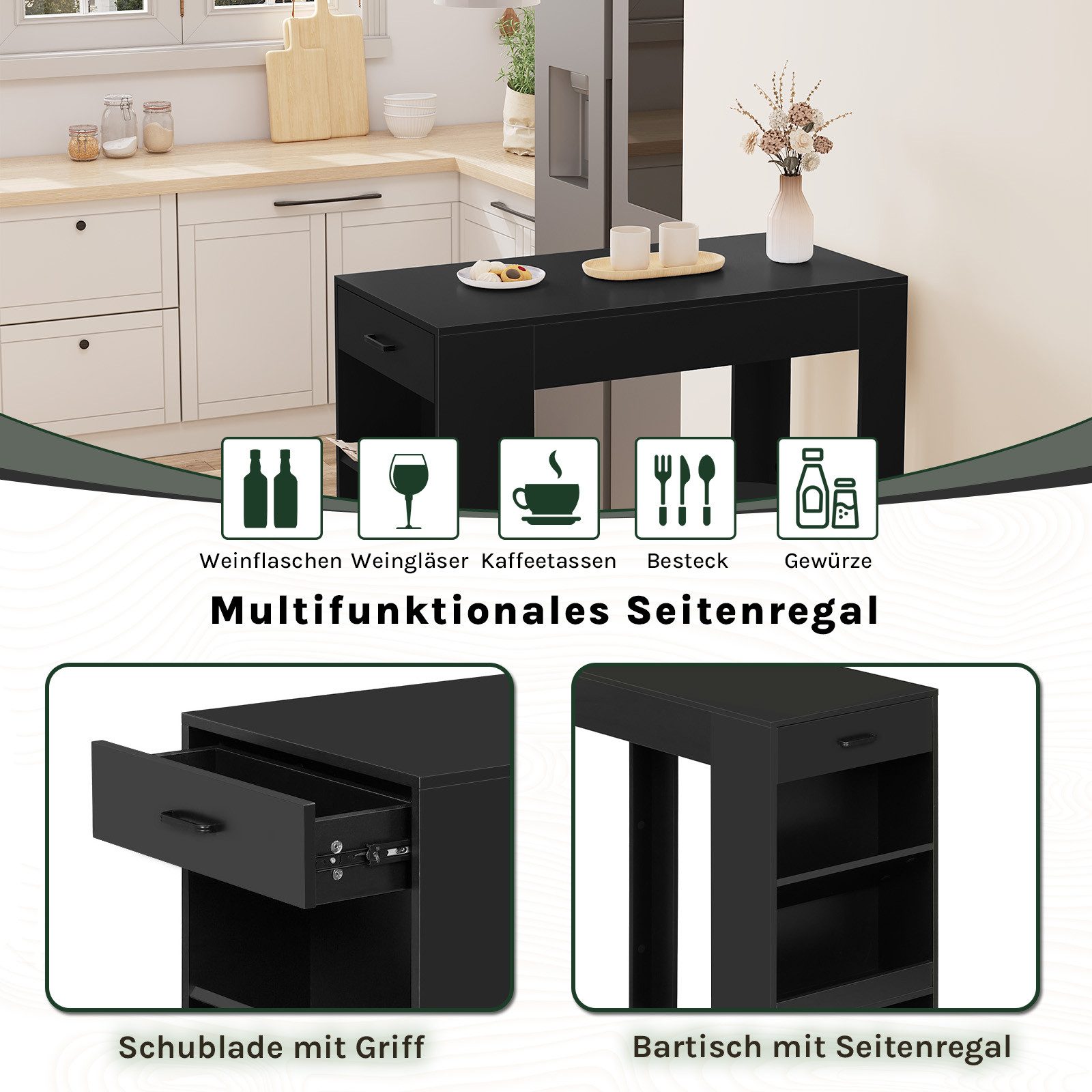 Woltu Bartisch (1-St), mit 1 Schublade 3 Ablagen, Küchentisch mit Weinregal