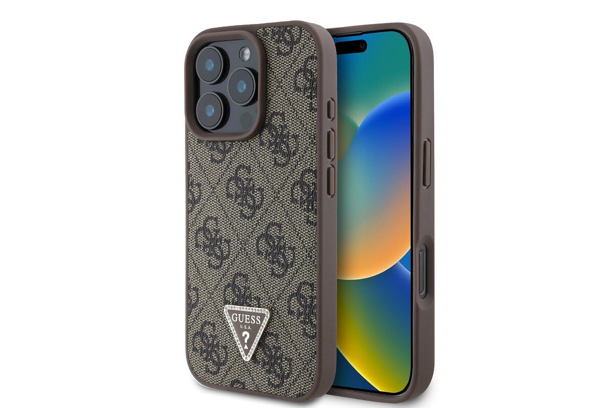 Handyhülle GUESS Case iPhone 16 Pro Max Strass Triangle Logo Hülle Cover braun