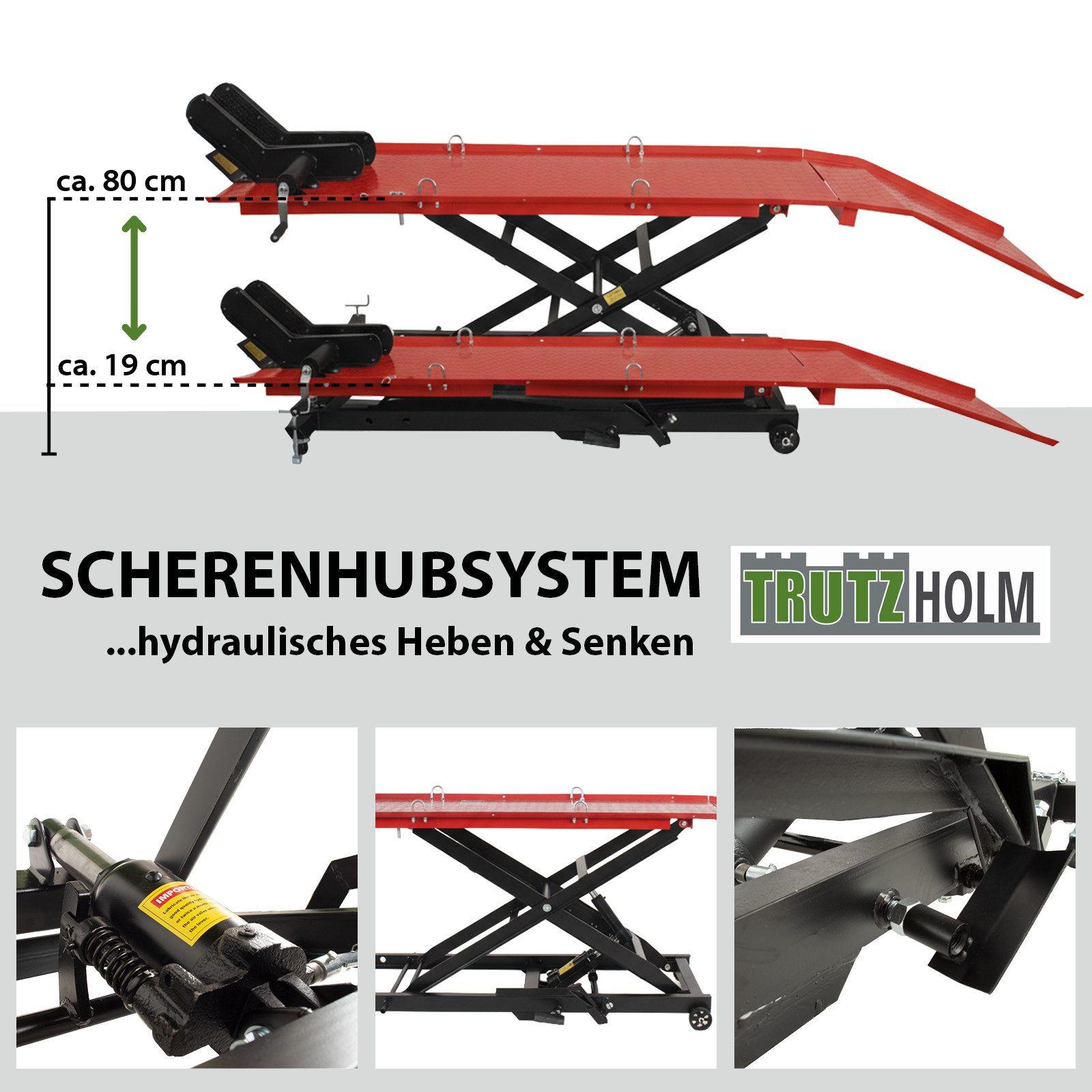 TRUTZHOLM Hydraulikheber Motorradhebebühne hydraulisch 560 kg Breite 60 cm Scherenheber rot, (Artikel, 1 St), Stufenloses Heben, kompakt verstaubar