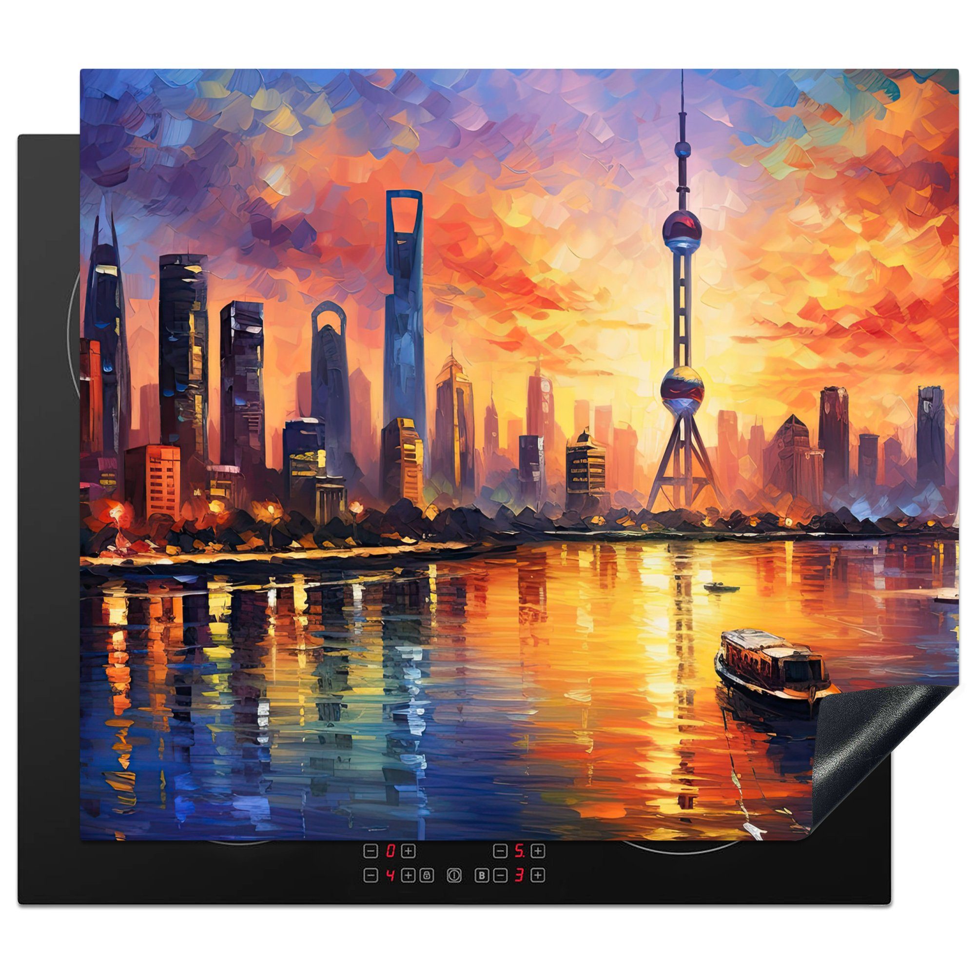 - Arbeitsfläche (1 Sonnenuntergang Herdblende-/Abdeckplatte Architektur tlg), 60x52 cm, Kunst, - - Ceranfeldabdeckung Shanghai nutzbar, Mobile Vinyl, MuchoWow