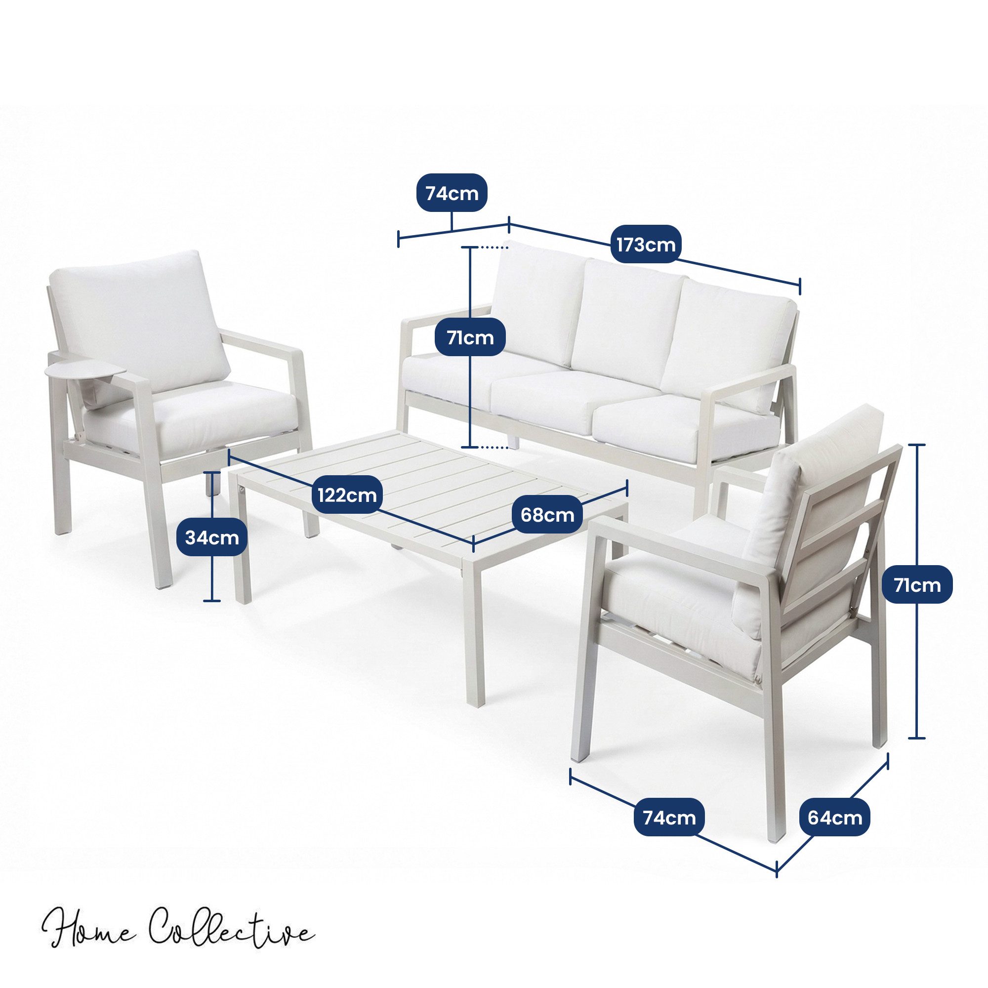 Home Collective Gartenlounge-Set Balkonmöbel Lounge Möbel Outdoor Terrassenmöbel Sitzgruppe mit Sofa, (4-teiliges Set mit 1 3-Sitzer Sofa, 2 Stühlen und 1 Tisch, inkl. abziehbarer Kissen), pulverbeschichtetes Metallgestell, Tisch in moderner Lattenoptik, Weiß