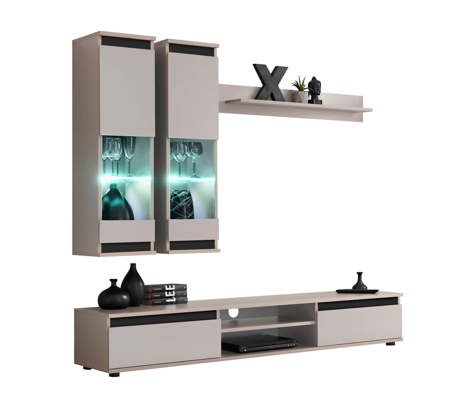 99rooms Wohnwand Modena, (Wohnzimmer-Set, Wohnmöbel), TV-Lowboard, 2 x Vitrine, Wandregal, mit LED-Beleuchtung