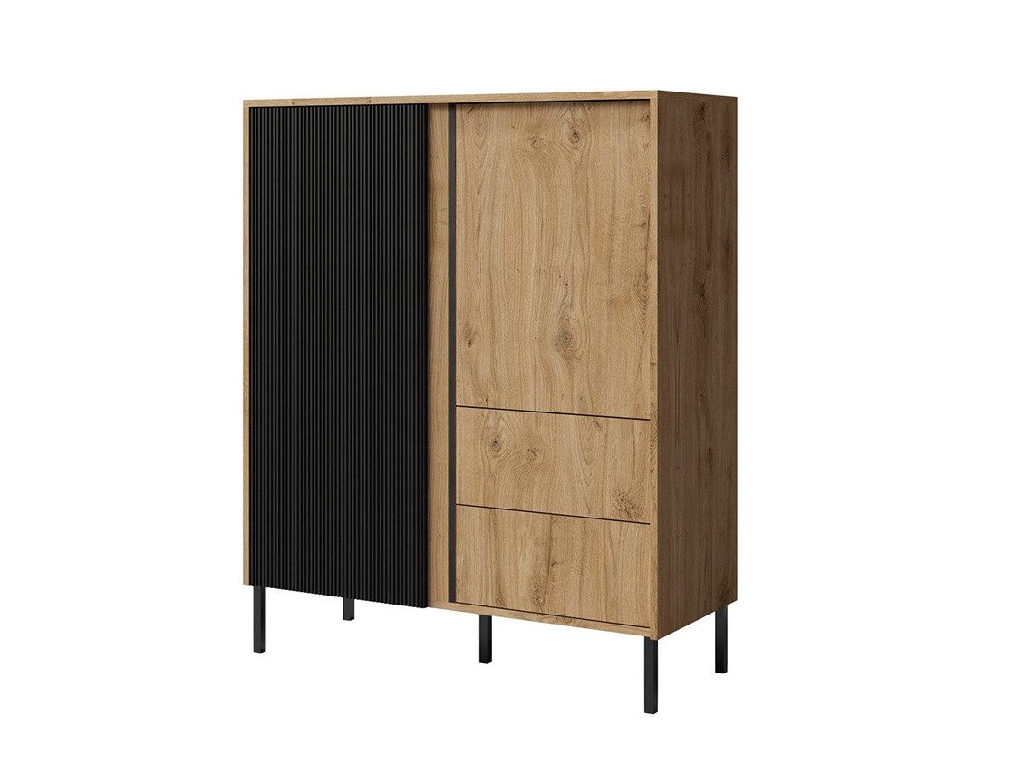 Beautysofa Kommode Moderne elegante moderne hohe Kommode mit Lamellen MIA 01, Farbe: Ewige eiche+schwarz