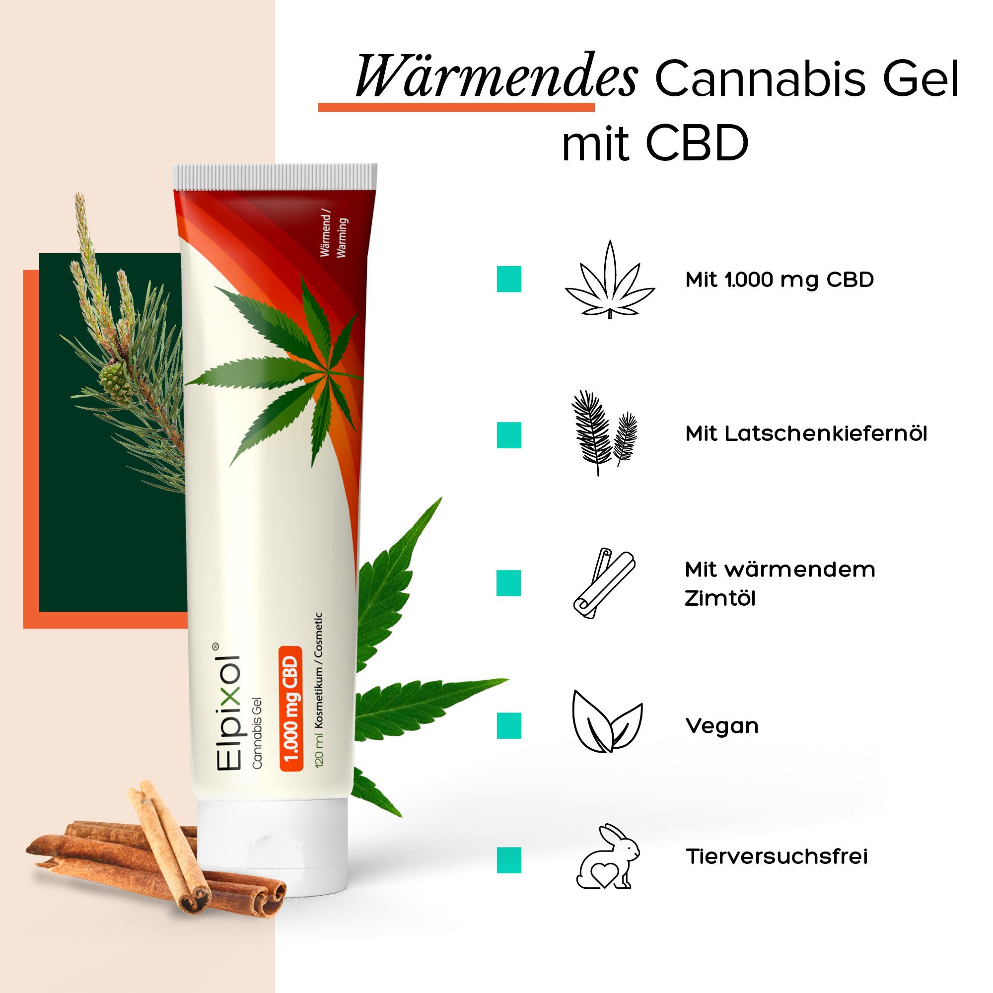 Elpixol® Körpergel Cannabis Gel mit 1.000 mg CBD – wärmend mit Latschenkiefernöl & Zimtöl ideal bei Kältegefühlen und Verspannungen – Ohne Rückstände