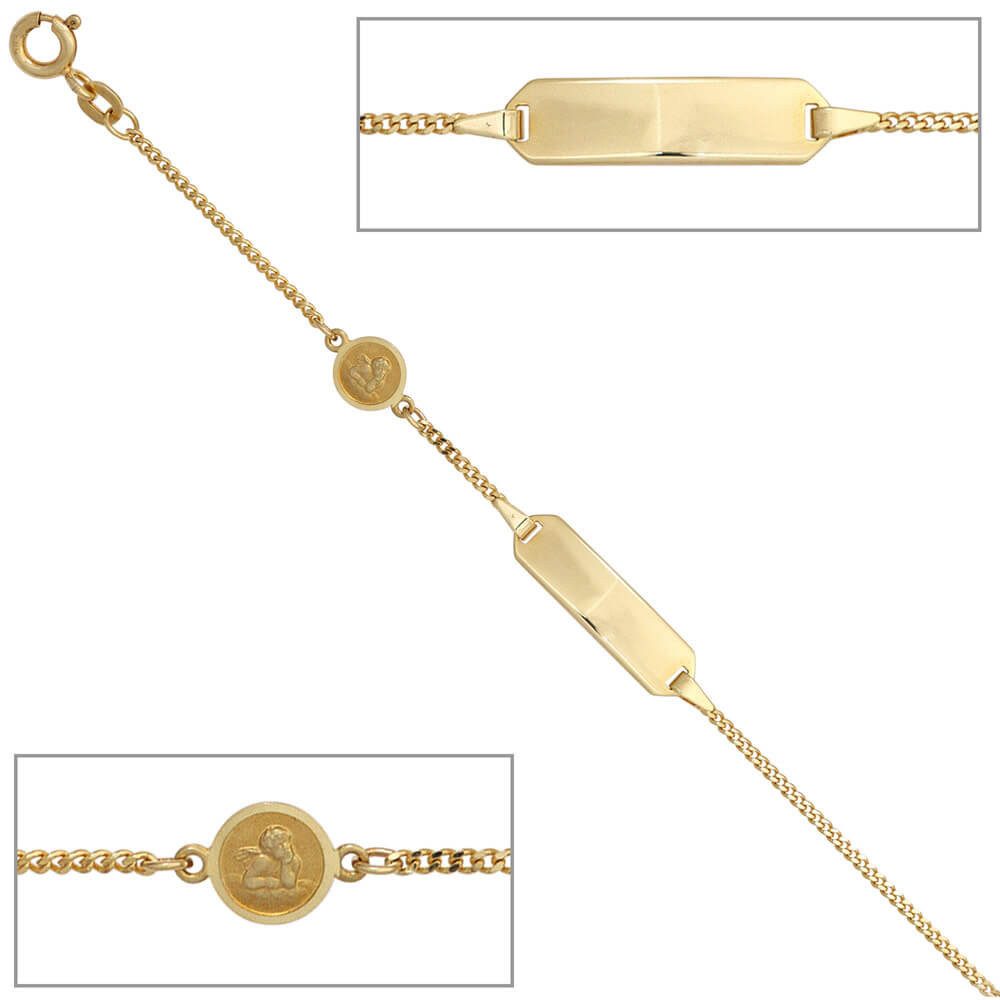 Schmuck Krone Goldarmband Schildband mit Engel, 585 Gelbgold, 14cm, Gold 585