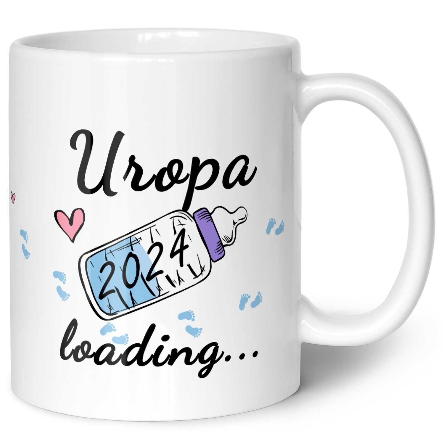 GRAVURZEILE Tasse Bedruckte Tasse mit Spruch - Baby Loading - Motiv mit Jahr 2024, Keramik, Geschenk für werdende Eltern - Weiß - Uropa Blau