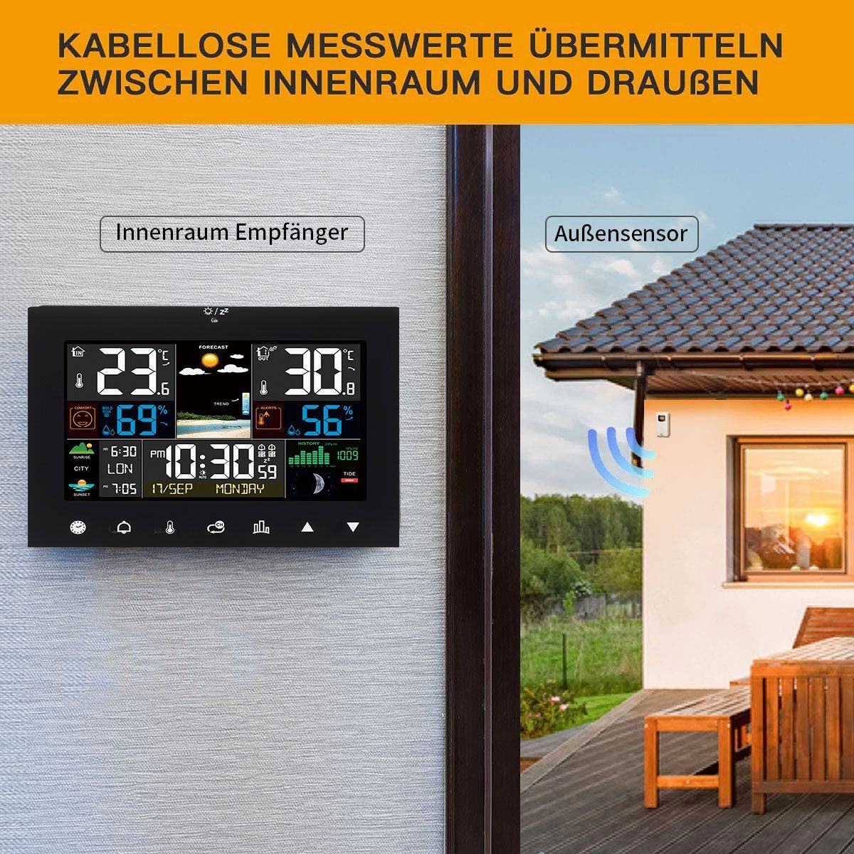 oyajia LED Wetterstation mit mit Wetterstation Funk-Außensensor, Kalender Thermometer Farbdisplay) Hygrometer (Kalender
