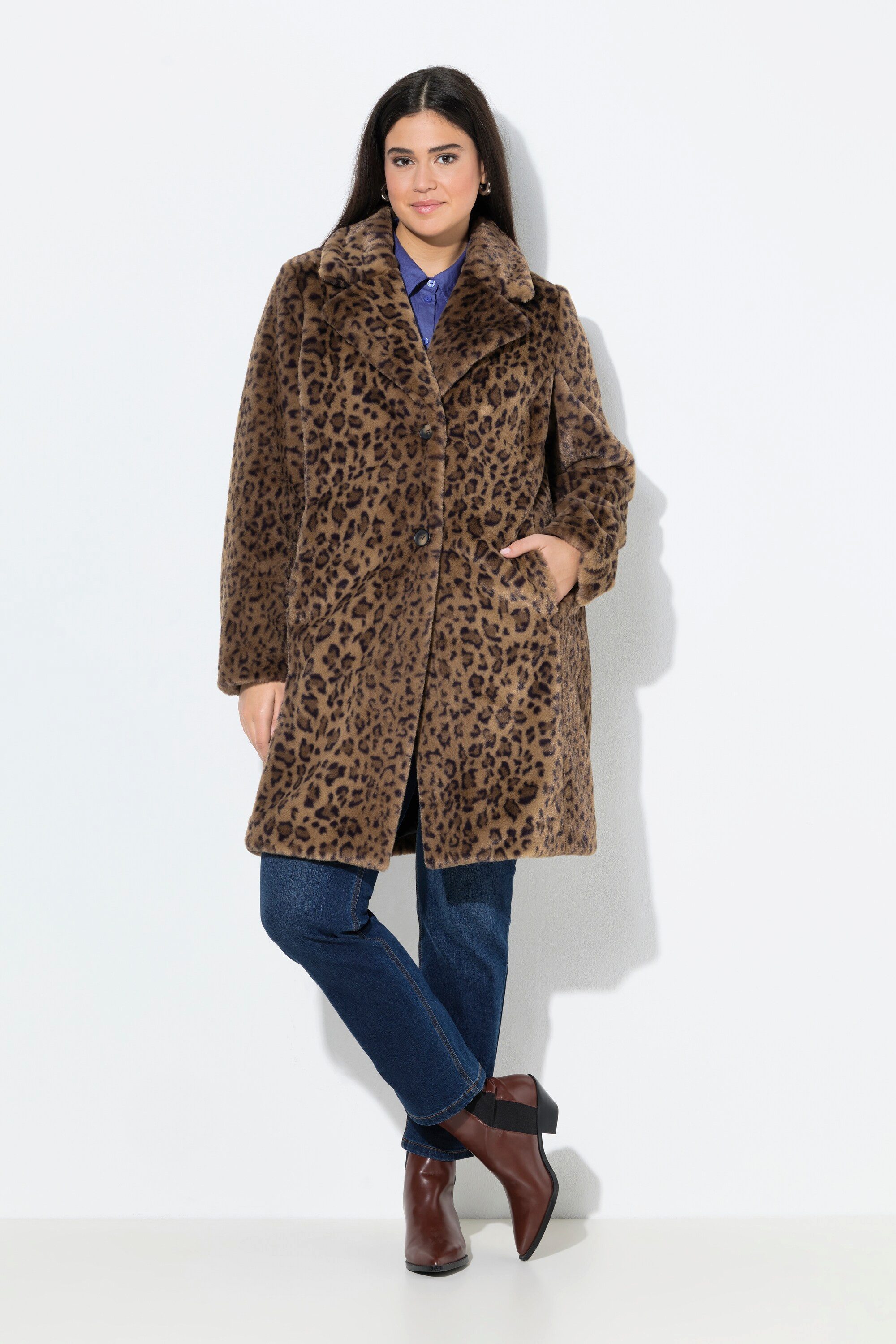 Ulla Popken Wintermantel Teddymantel Leomuster Reverskragen