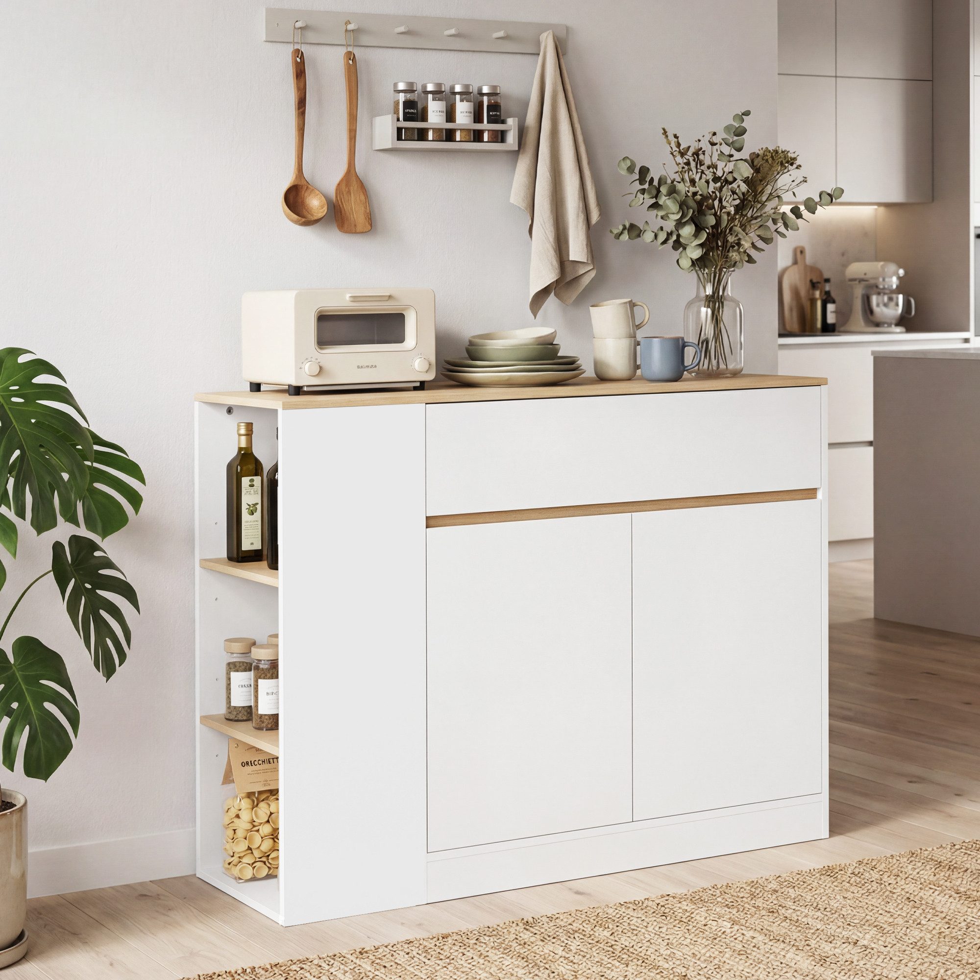 HOMCOM Sideboard mit Schublade, verstellbare Ablage, Kippschutz (Küchenschrank, 1 St., Aufbewahrungsschrank), für Küche, Esszimmer, 106 x 30 x 81,2 cm Weiß