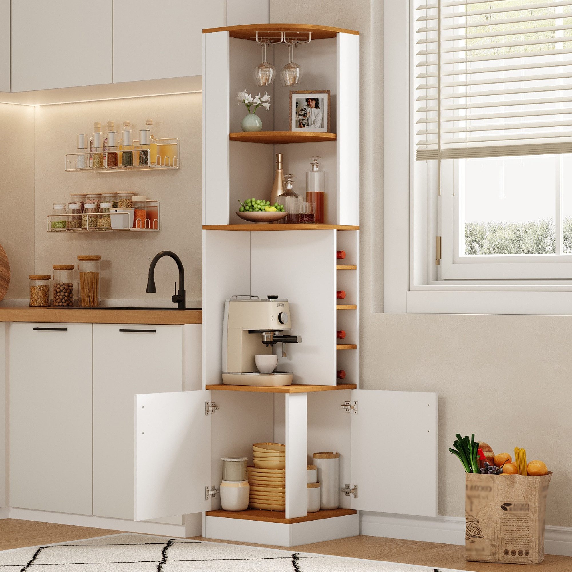 HAUSS SPOLE Eckvitrine mit Weinglasregal,freistehend Bartheke Hochschrank 40×40×182cm,Weiß (Wohnzimmerschrank mit geschlossenem Unterschrank und offenen Regalfächern für Esszimmer, Küche und Wohnzimmer) Bücherregal Beistellschrank mit Edelstahl-Weinglashalter