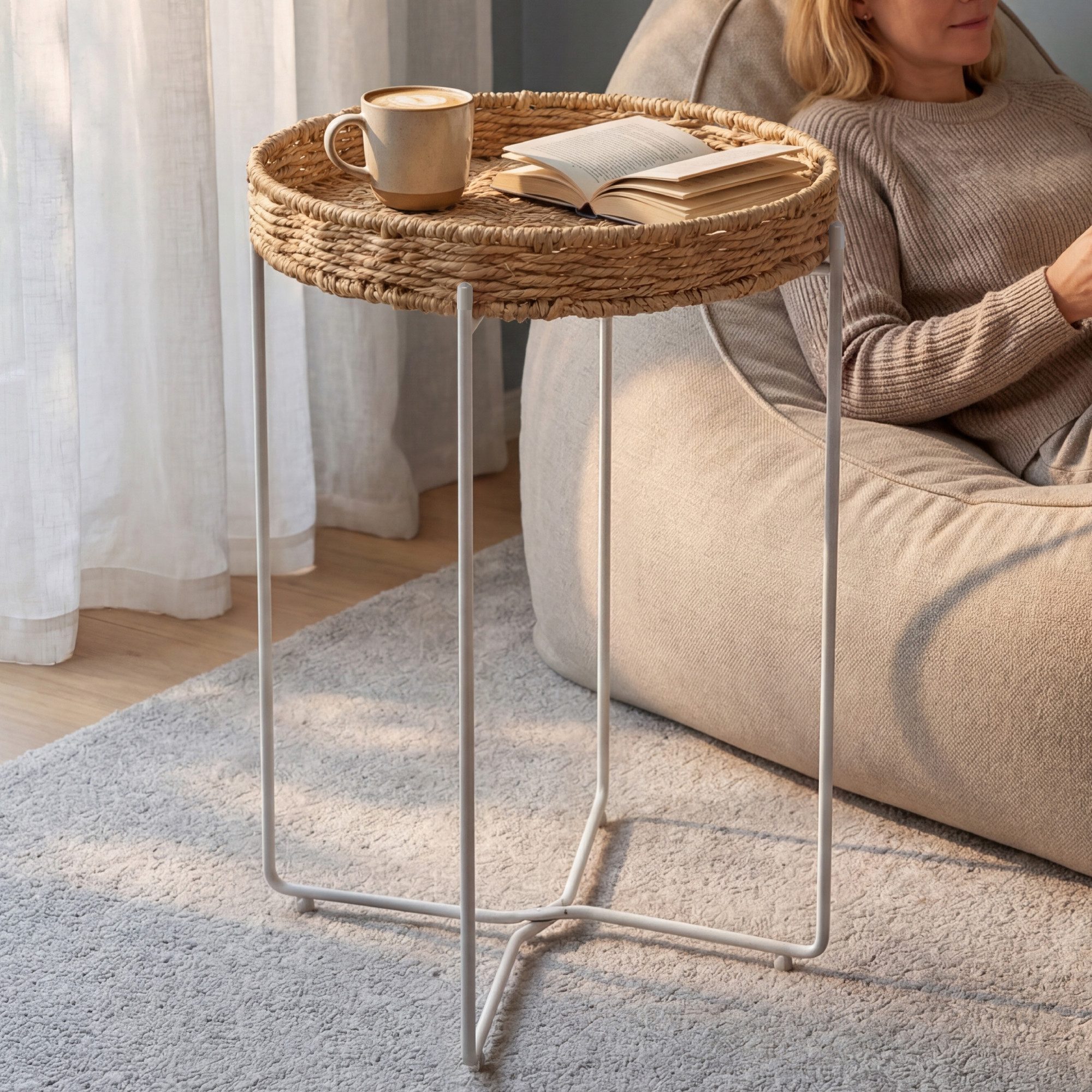 doporro Beistelltisch Couchtisch kleiner Tisch mit 1/2 geflochtenen Ablagen rund Reglo-08, Zwei Materialien zur Auswahl