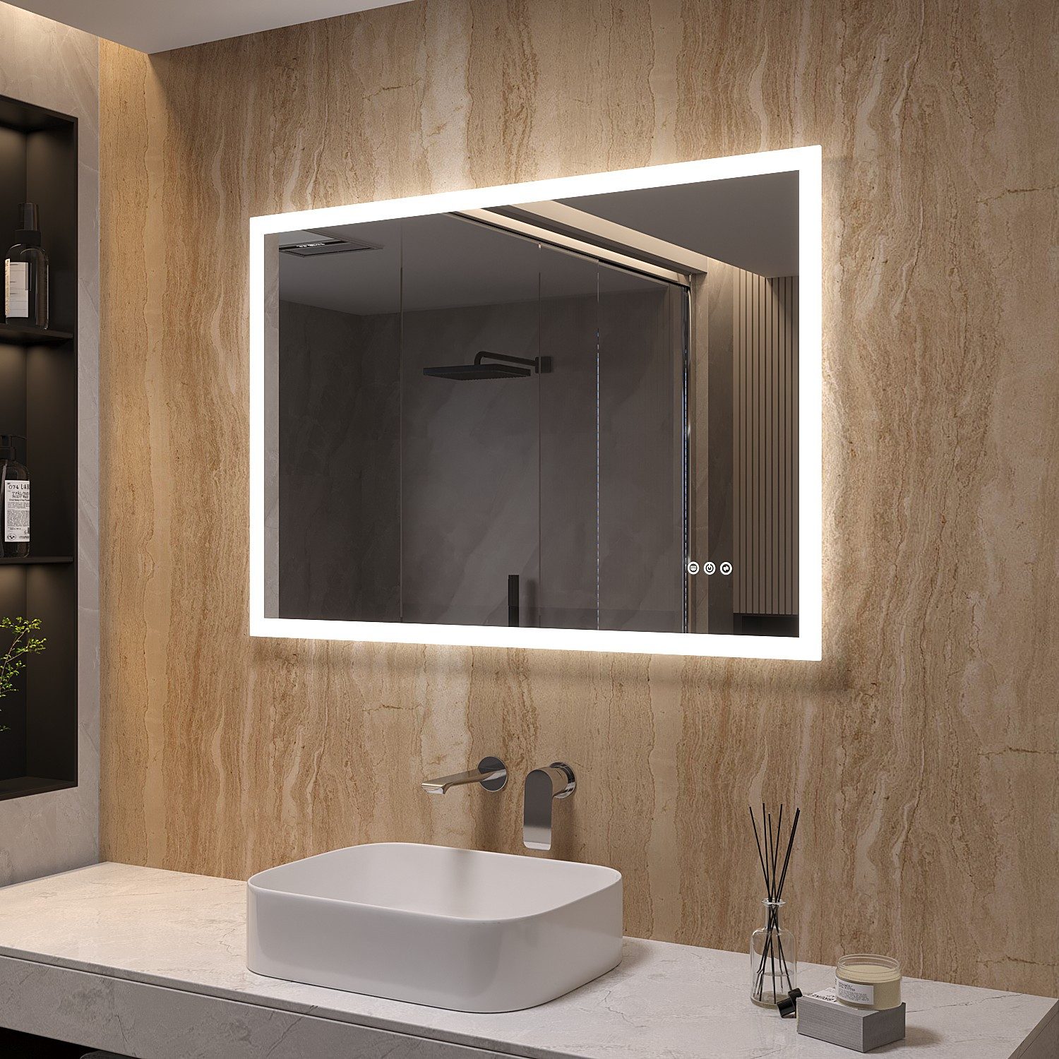 AQUALAVOS Badspiegel LED Wandspiegel 100x70 cm intelligent Spiegel für Badezimmer IP44, 2 Lichtfarbe Warmweiß/Kaltweiß, Touch-Sensor+Wandschalter+Beschlagfrei