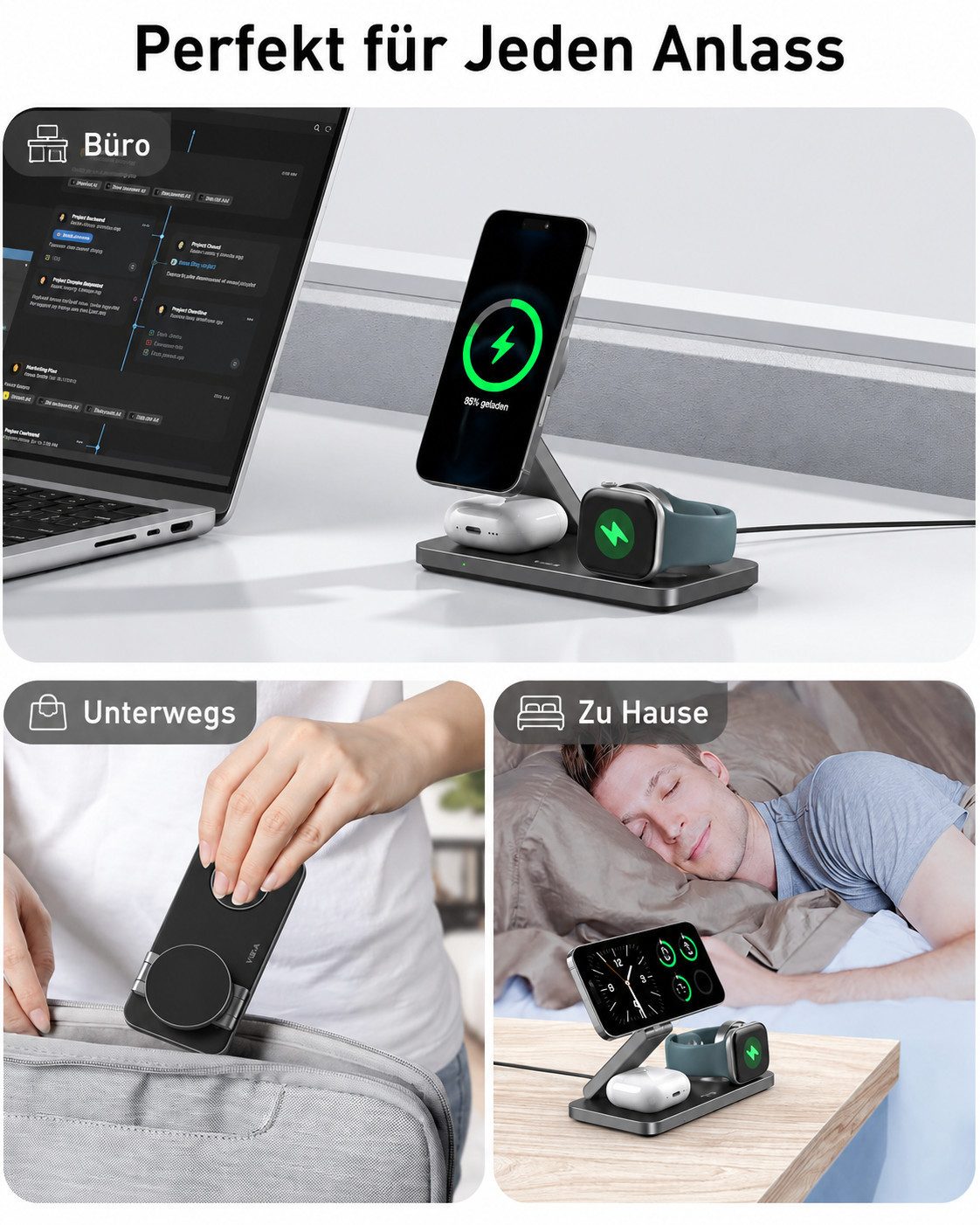 ibettertec 25w Apple Watch iPhone 3in1 MagSafe Wireless Charger Wireless Charger Induktions-Ladegerät (Schnelles Kabelloses Ladegerät, Verfügbar für iPhone 17/16/15/14/13/12 Serie, Apple Watch, AirPods, 3 in1 PowerBase + USB-C Kabel + 35w Ladegerät)