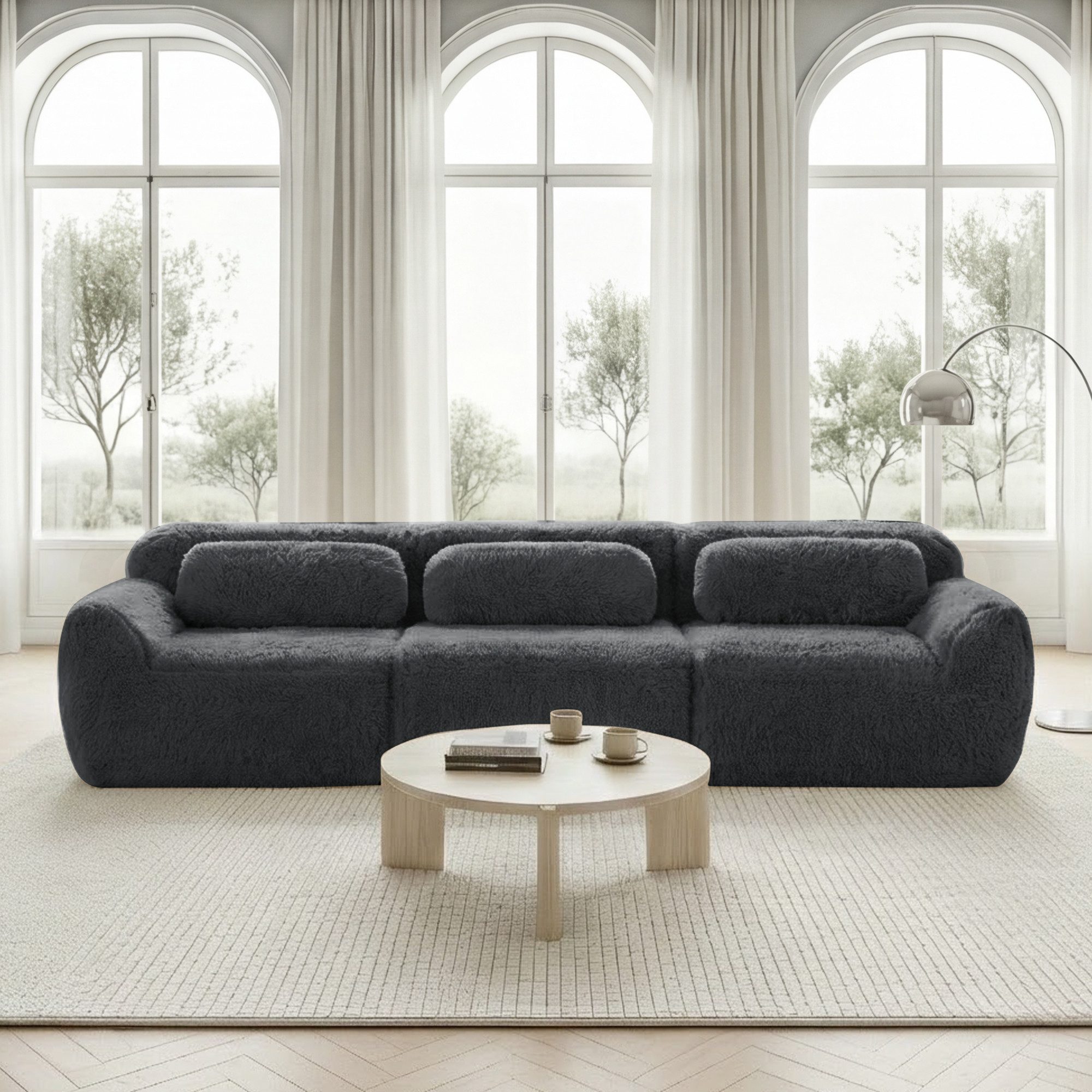 HAUSS SPOLE Loungesofa mit Plüschstoff,Dreisitzer Polstermöbel mit rutschfester Boden,Grau