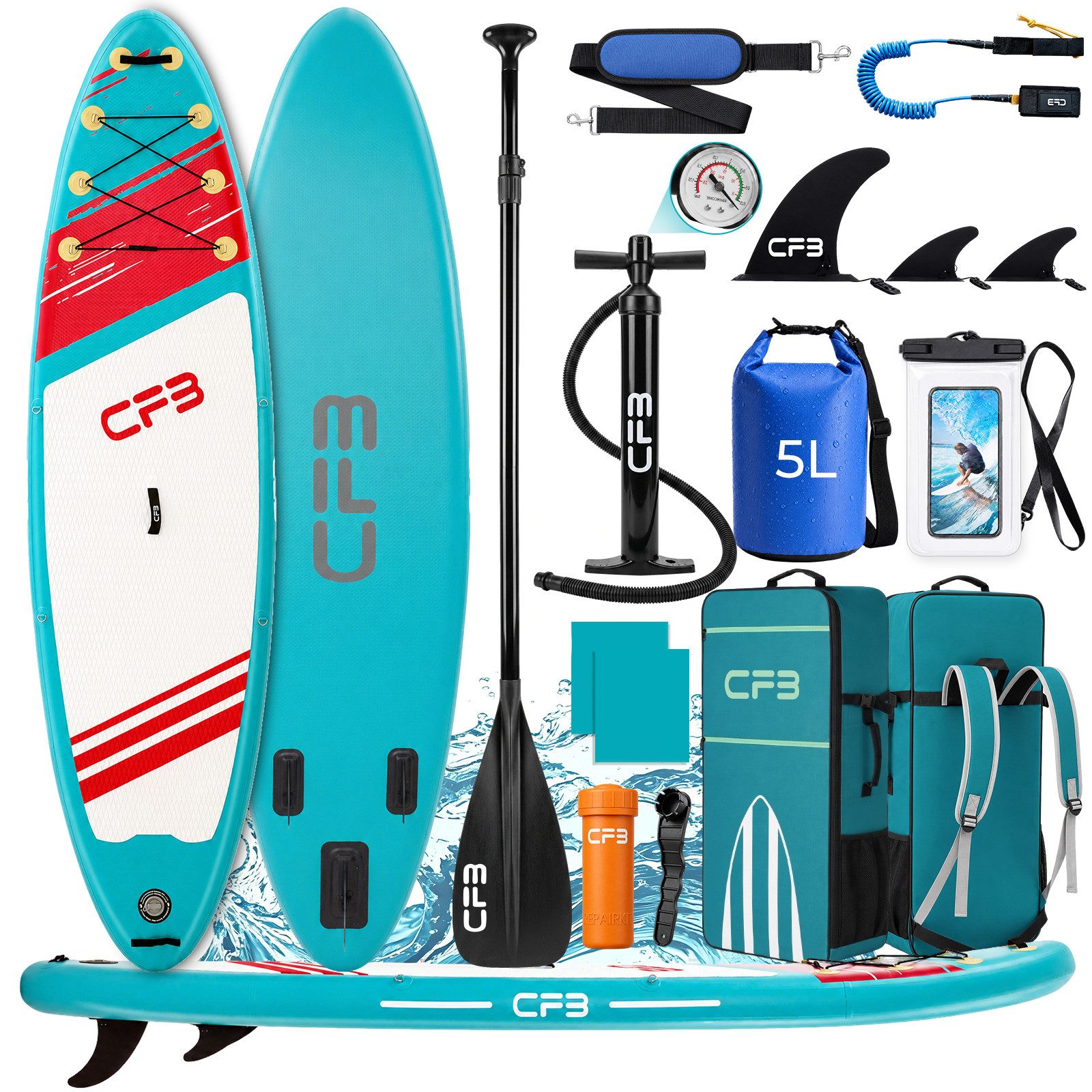 CFB SUP-Board Set 320x84x15 cm, Belastbarkeit 160 kg, Aufblasbares Stand Up Paddle Board, (mit 84 cm Standfläche & großem EVA-Deckpad, 12 tlg., SUP Set mit Paddel, Pumpe, Rucksack, Dry Bag, Handyhülle, Schultergurt), stabil, leicht und rutschfest, 3-Finne