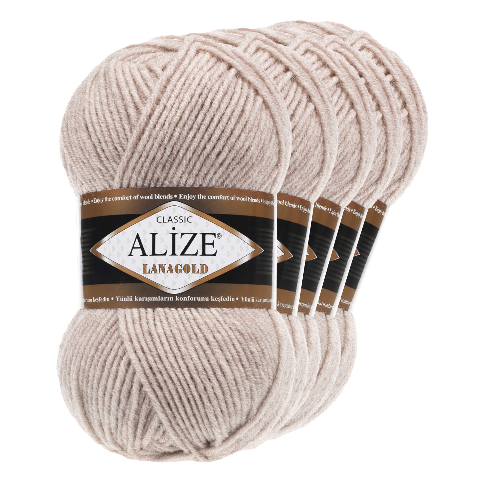 Alize 5 x 100 g ALIZE Lanagold 49% Wolle Strickgarn Winterwolle Schurwolle Häkelwolle, 240 m, hellbeige