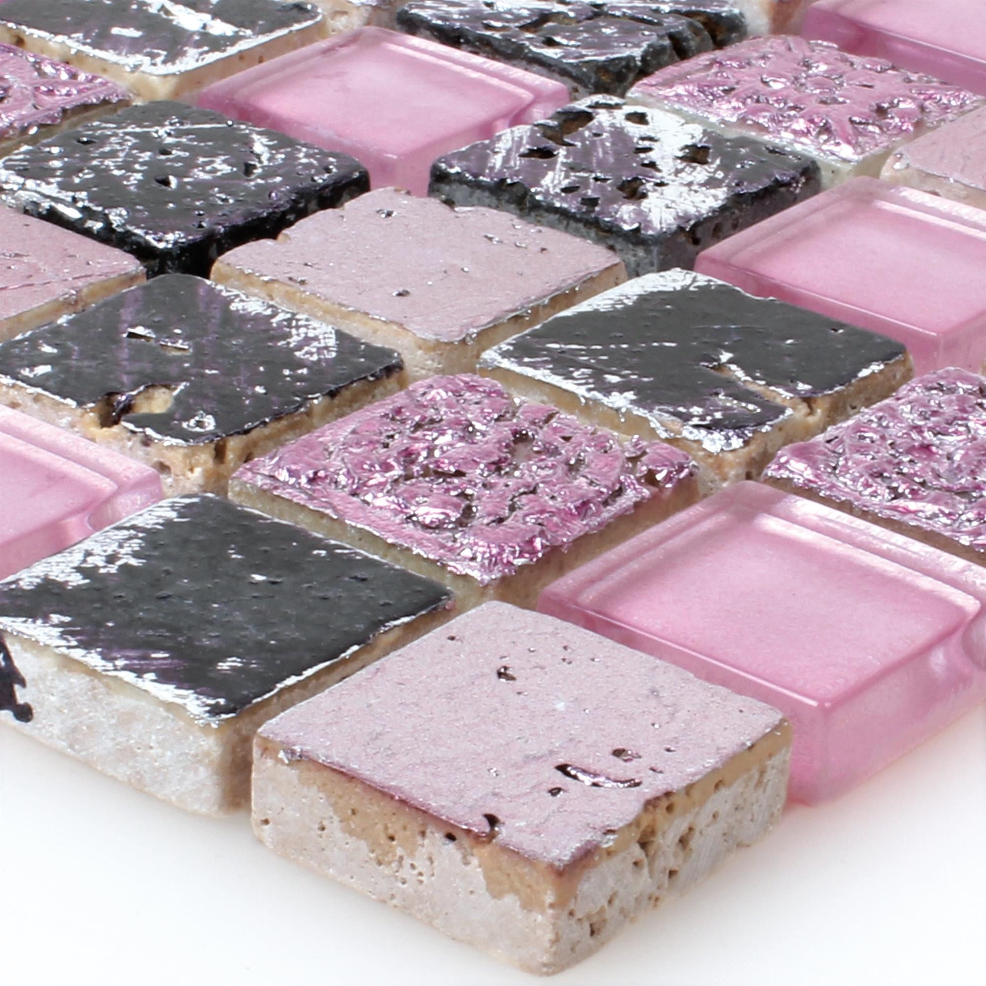 Mosafil Mosaikfliesen Glas Naturstein Mosaikfliesen Colicos, Naturstein-Resin-Glas 30.000x32.500, schwarz-rosa-pink, Verlegefertig auf ein Netz geklebt