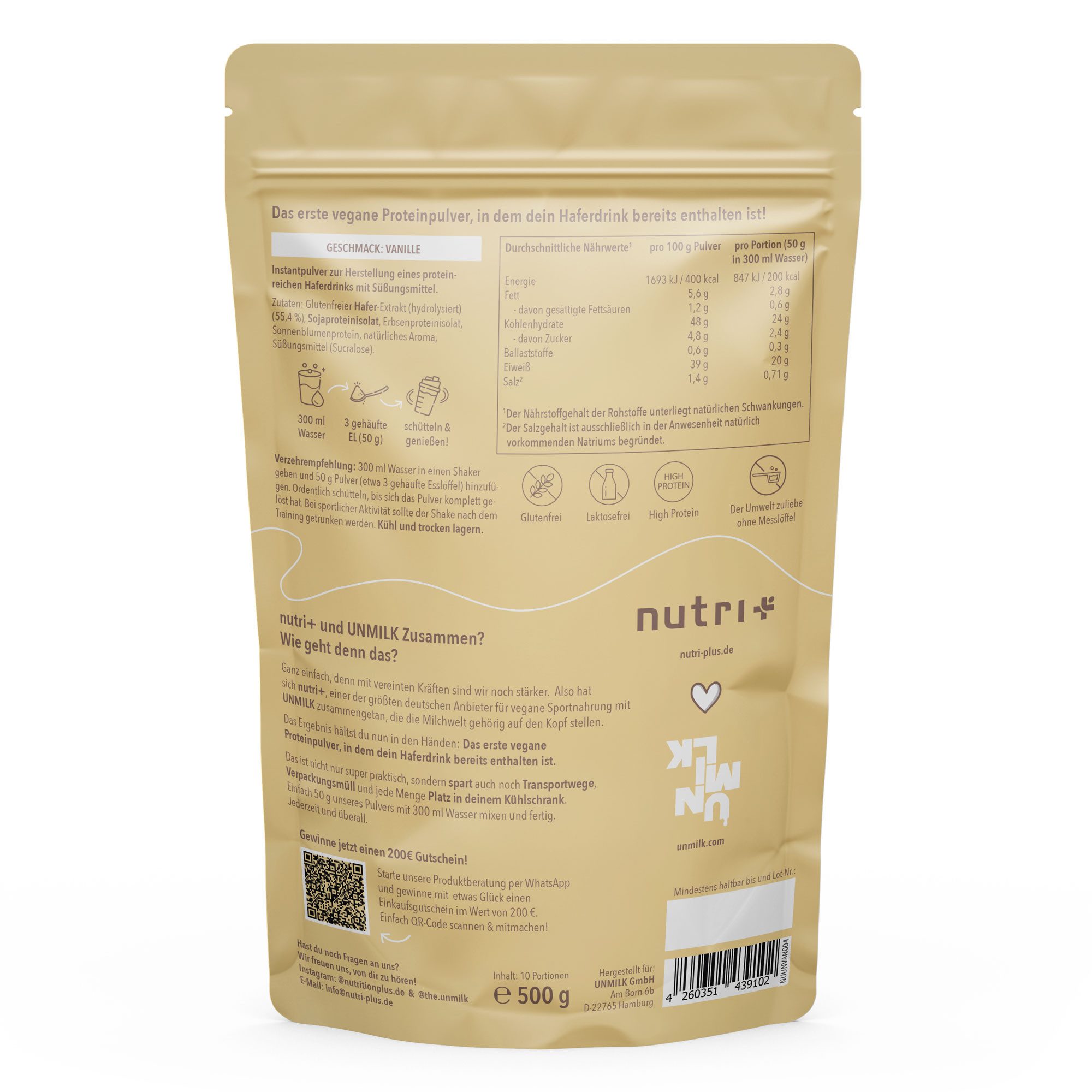 nutri+ 2 in 1 Vegan Protein + Haferdrink Pulver, 1 er 500 g