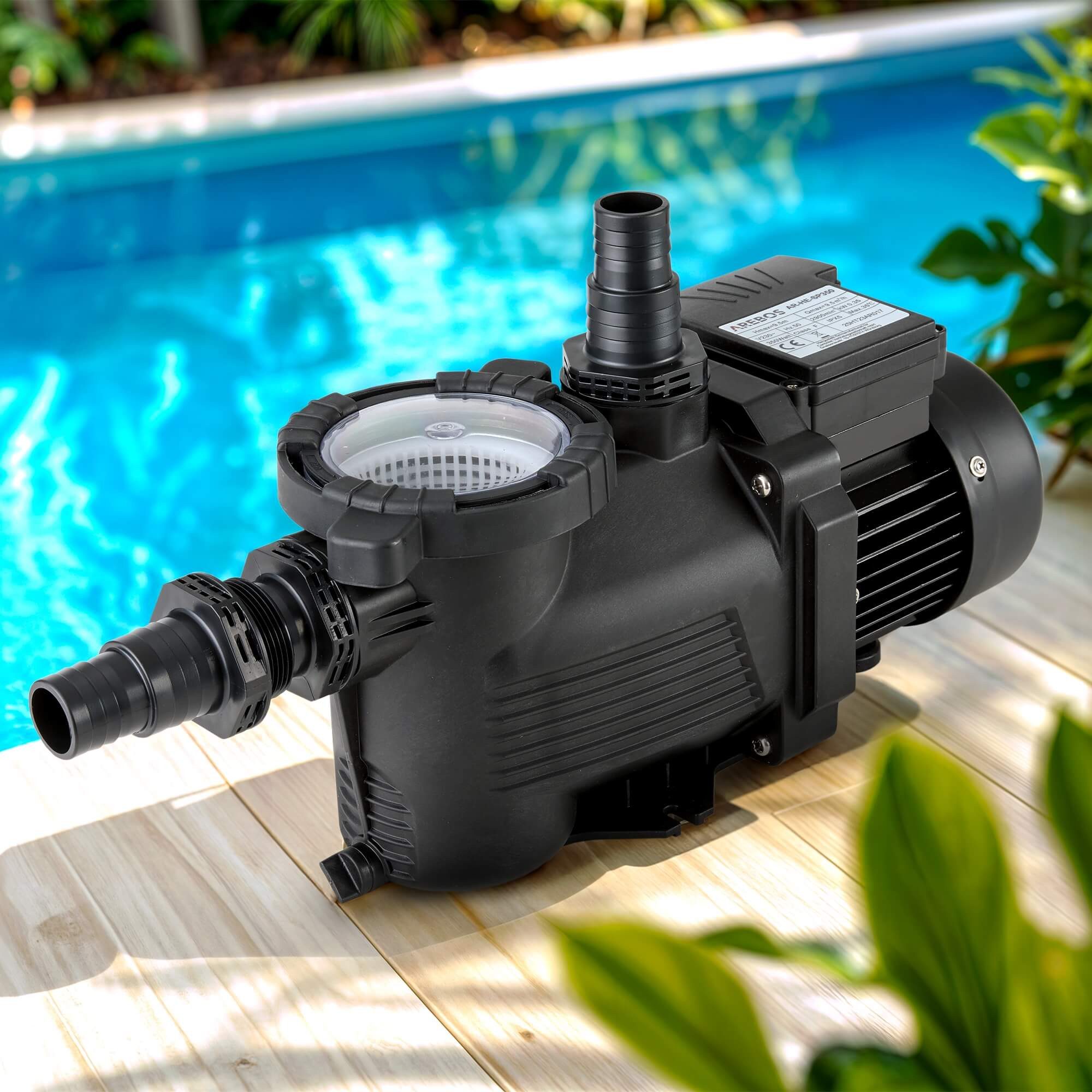 Arebos Teichpumpe Schwimmbadpumpe 350W, Filterpumpe mit Vorfilter & 9500 l/h, für Süß-& Salzwasserpools geeignet, Geeignet für Beckengröße:bis 40m³ – Bild 2 von 5