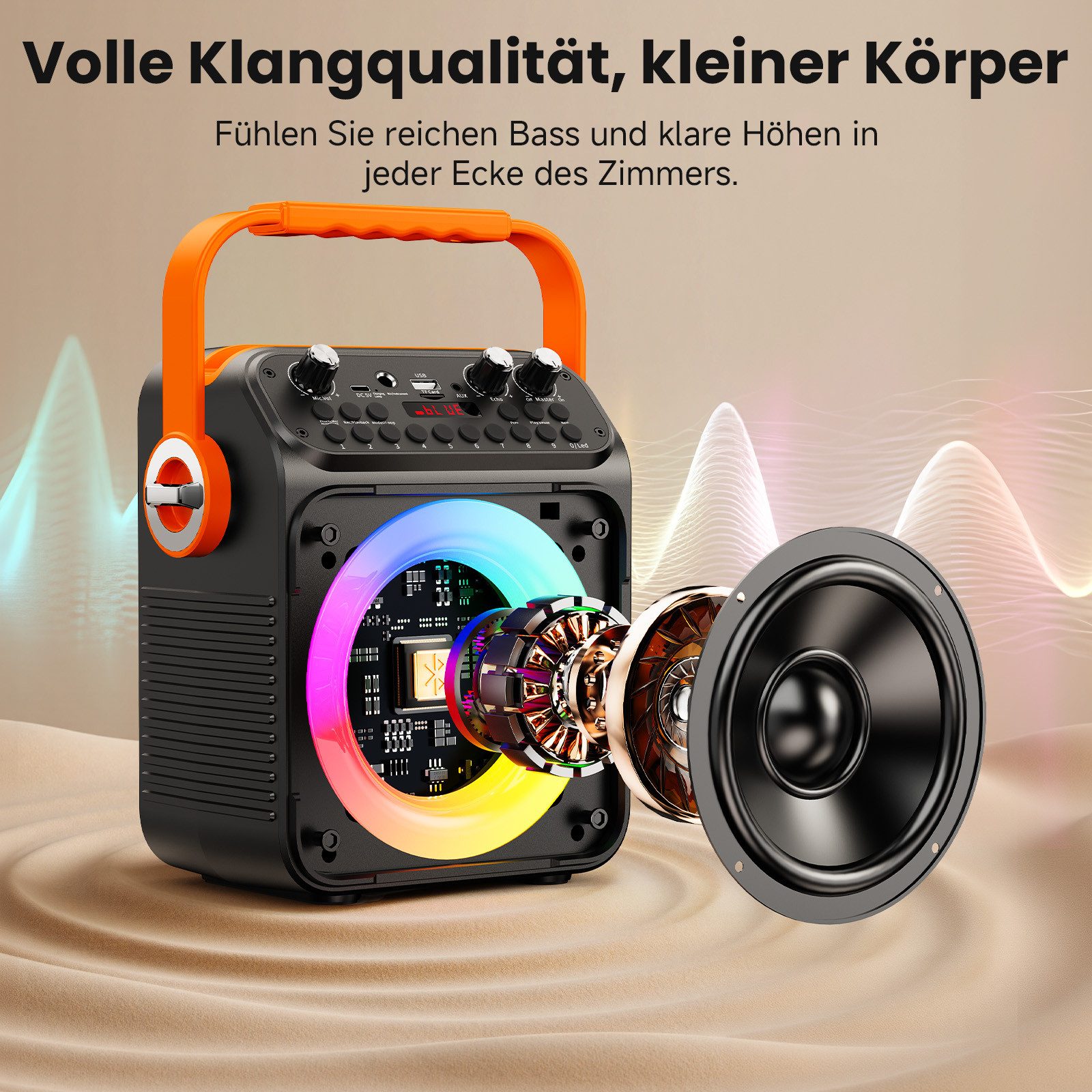 JYX Karaoke Maschine mit 2 Mikrofonen Bluetooth-Lautsprecher 1 (Bluetooth 5.0, mit LED Lichteffekten für Party & Geburtstag (ohne Tablet) – Bild 3 von 5