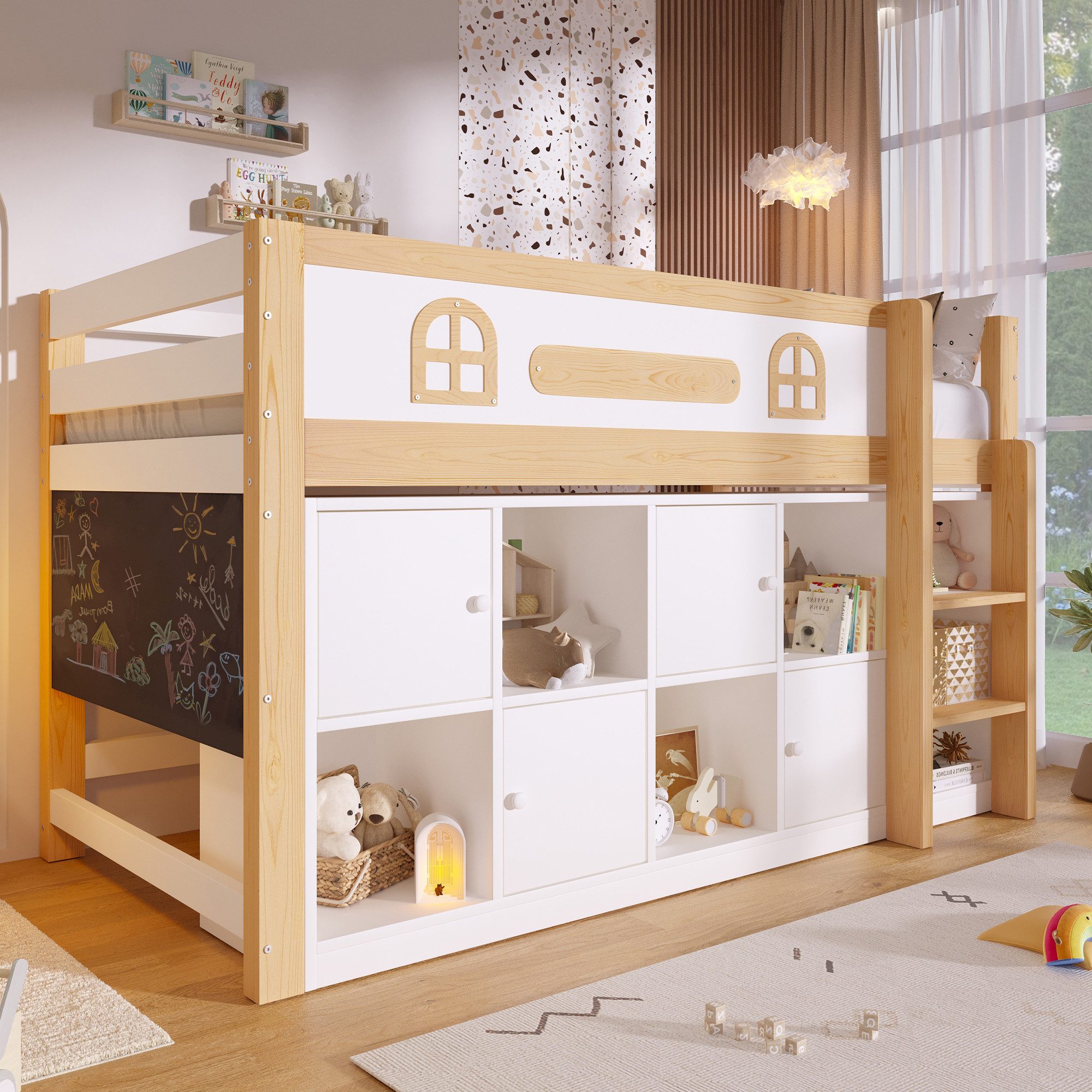 Merax Hochbett 90x200 cm, Kiefernholz Spielbett Jugendbett (1-St) Halbhohes Kinderbett mit Kreidetafel, Stauraumfächern,Geländer, Leiter