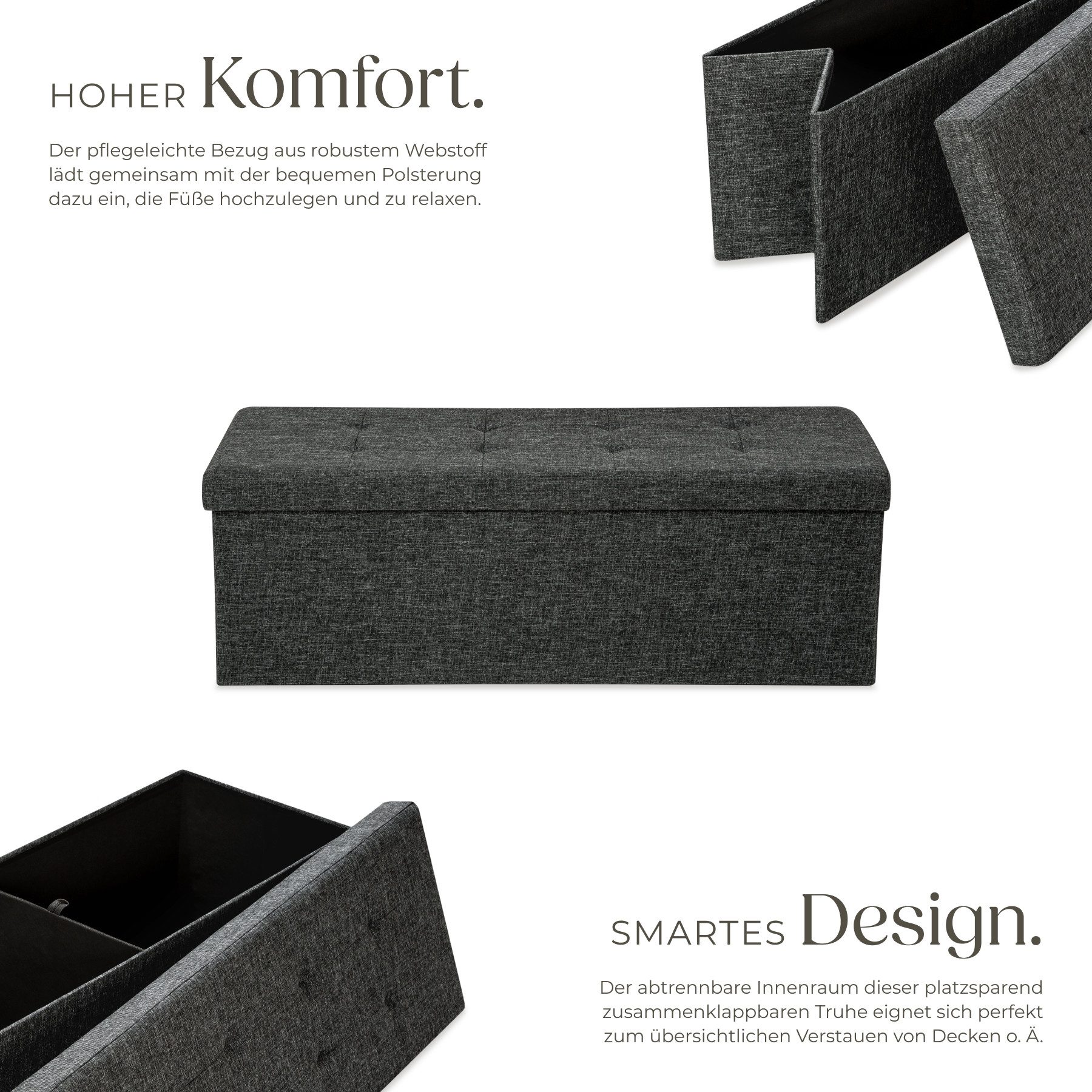 tectake Sitzhocker Faltbare Sitztruhe aus Polyester mit Stauraum 110x38x38cm, moderner gepolsterter Allrounder, Belastbarkeit 300 kg