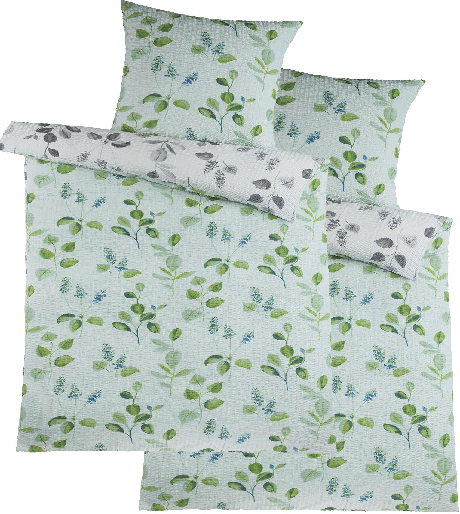 KH-Haushaltshandel Bettwäsche 4-tlg. Wende Seersucker Bettwäsche 2x (135x200 +80x80cm), Seersucker, 4 teilig, floral gemustert, 2 unterschiedl. farbige Seiten, bügelfrei
